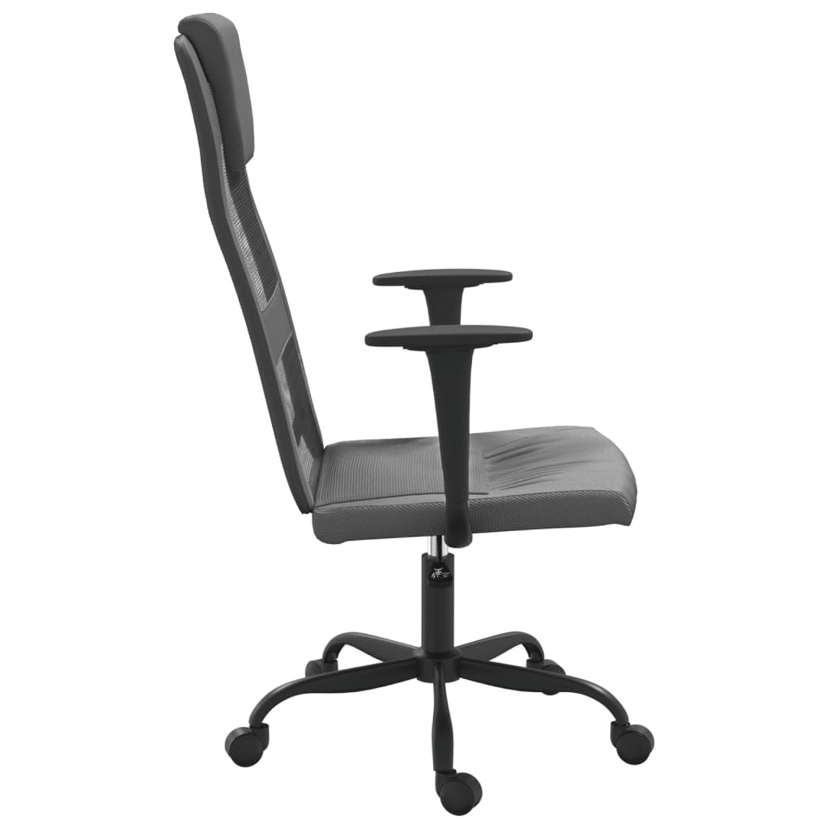 Grauer Bürostuhl mit Netzrücken, Armlehnen und Rollen, von der Seite gesehen.
