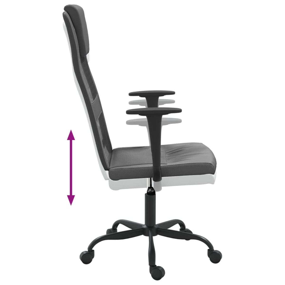Bürostuhl im Profil, mit höhenverstellbaren Armlehnen. Schwarz-graues Farbschema.