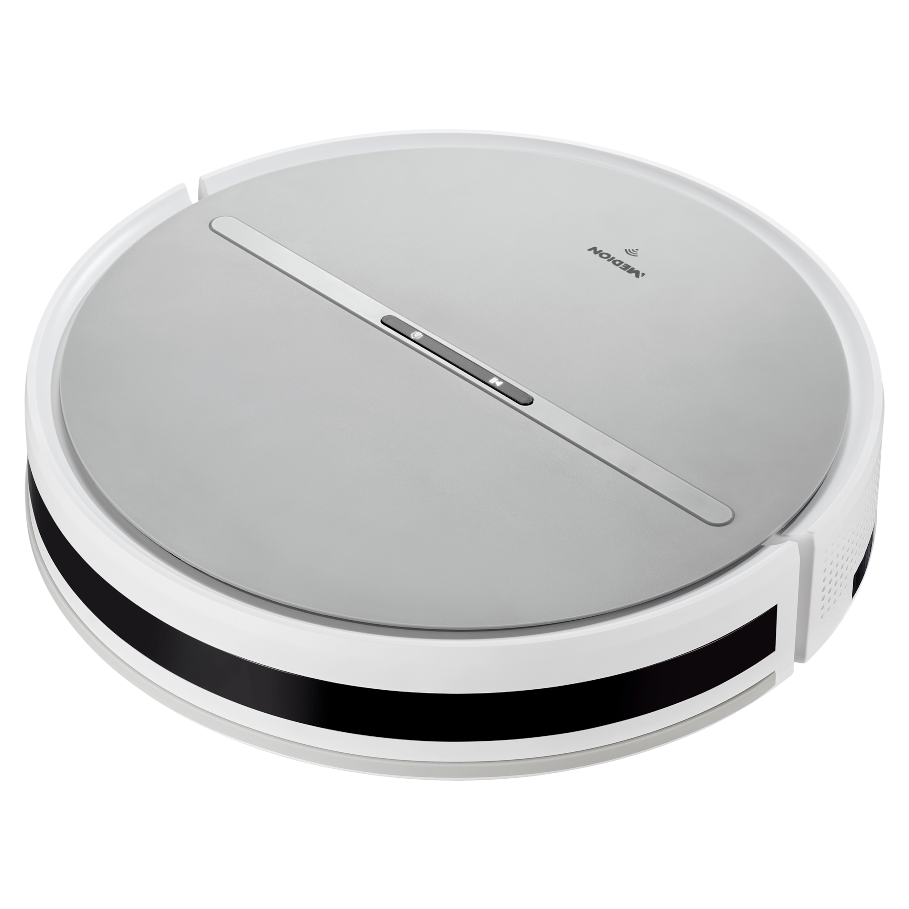 Okrągły, szaro-biały robot odkurzający. Górna część jest szara z przyciskiem.