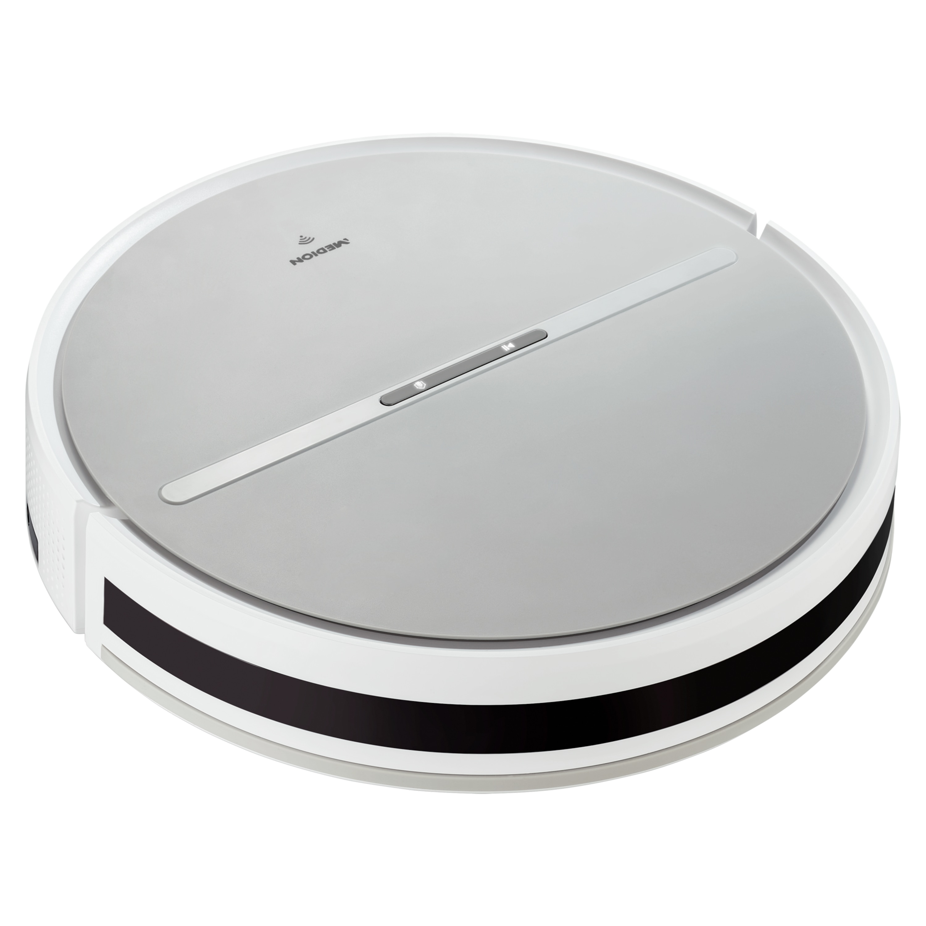 Biało-szary odkurzacz robot na białej powierzchni, z jednym przyciskiem.