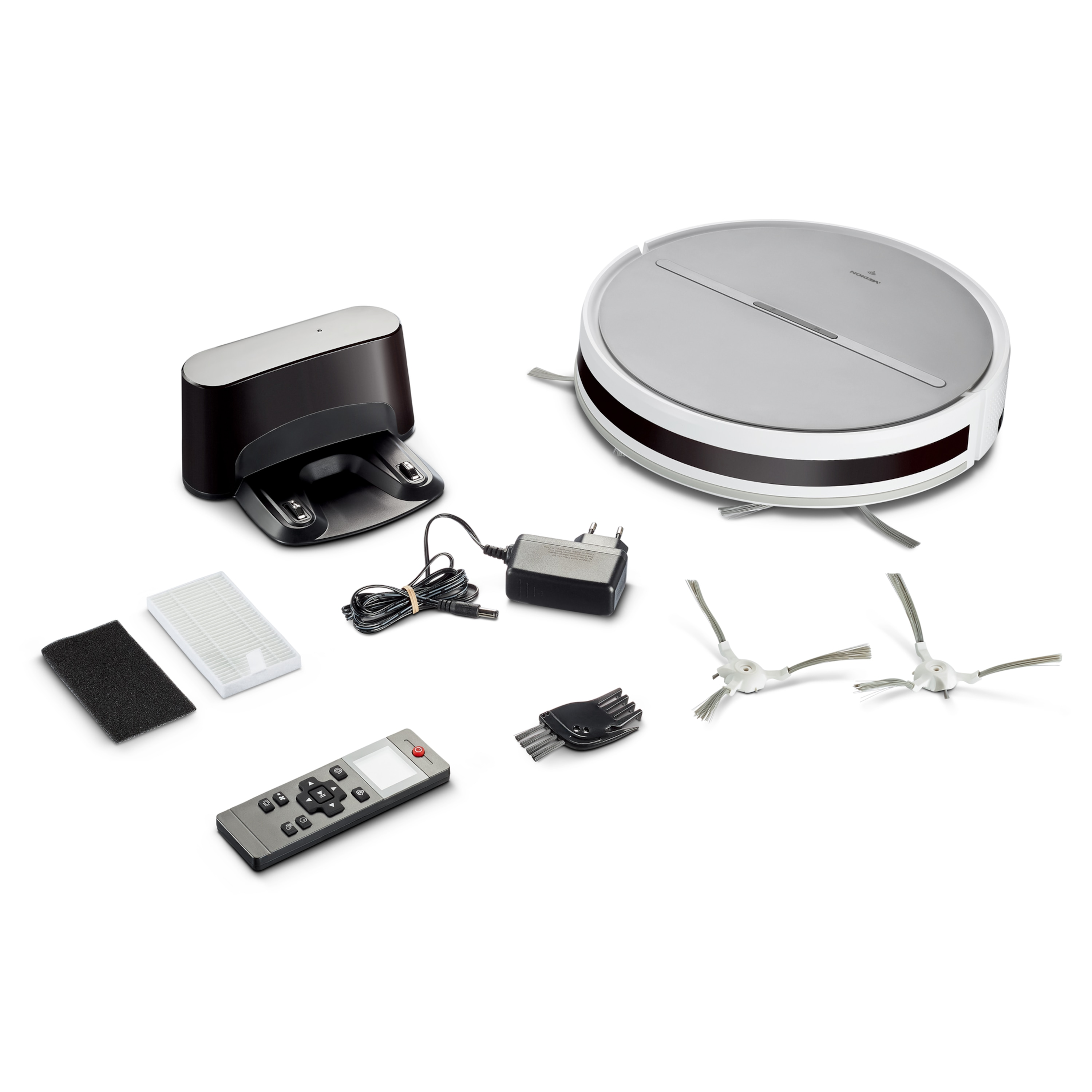 Odkurzacz robot z akcesoriami. Zawiera stację ładującą, pilota i szczotki.