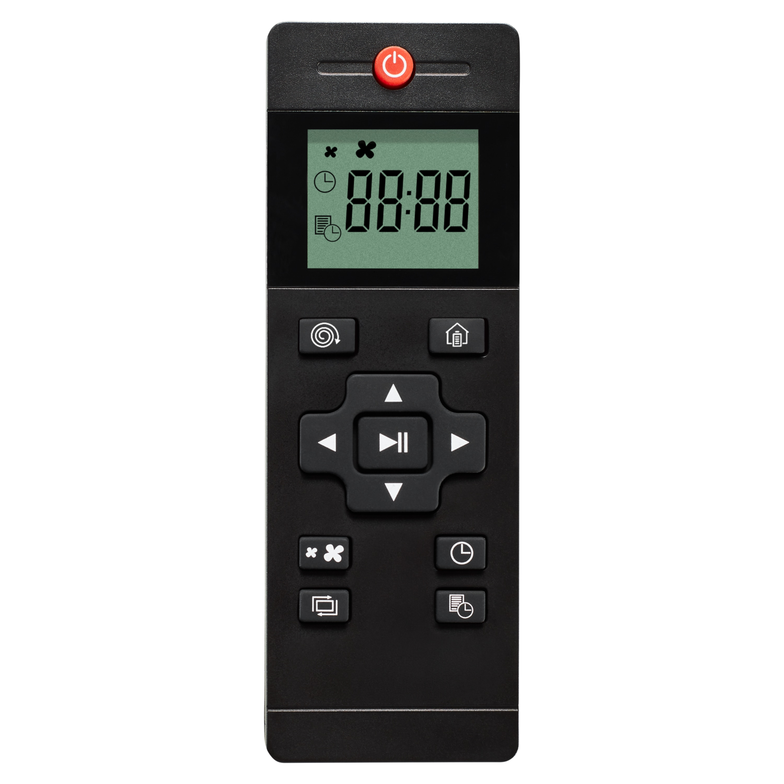 Czarny pilot z wyświetlaczem cyfrowym '88:88' i różnymi przyciskami funkcyjnymi.
