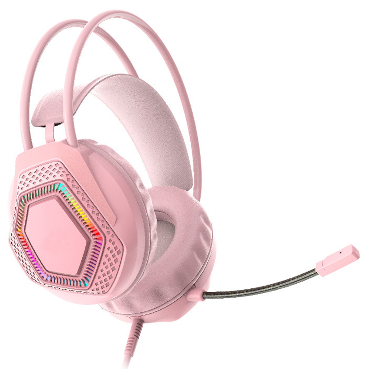 Różowy zestaw słuchawkowy dla graczy z mikrofonem. Sześciokątny design na nausznikach. Diody LED.