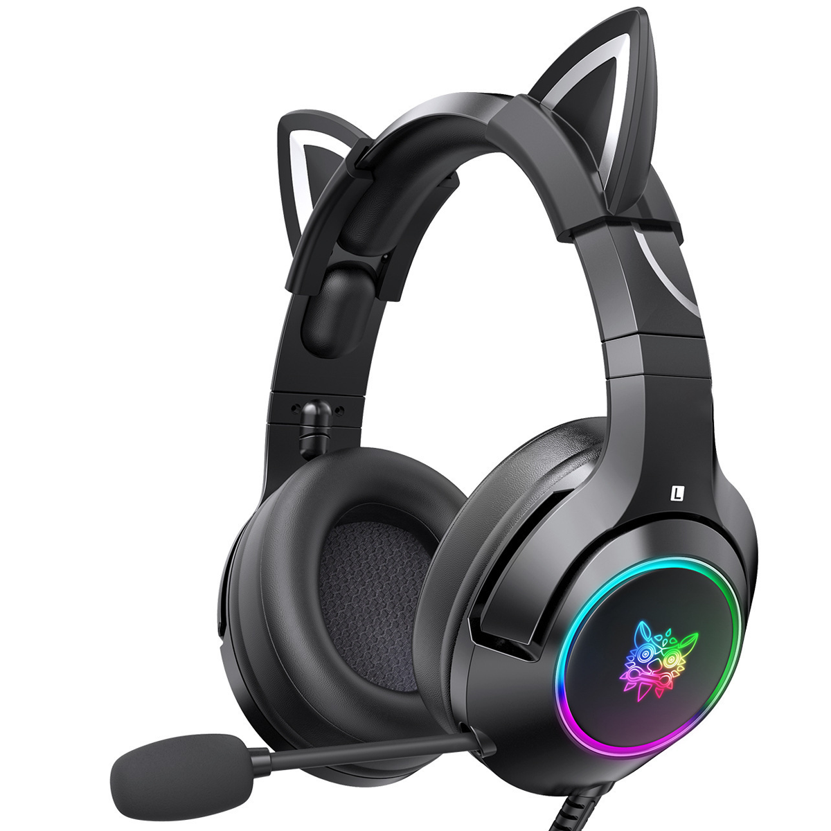 Czarny zestaw słuchawkowy dla graczy z kocimi uszami. Na nausznikach kolorowe logo. Dołączony mikrofon.