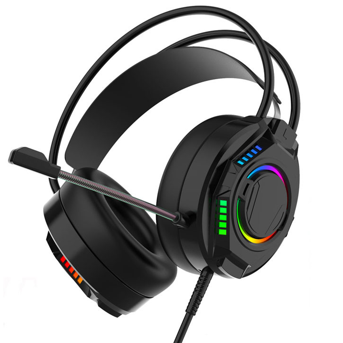 Czarne słuchawki do gier z mikrofonem. Mają kolorowe światła i przewód.