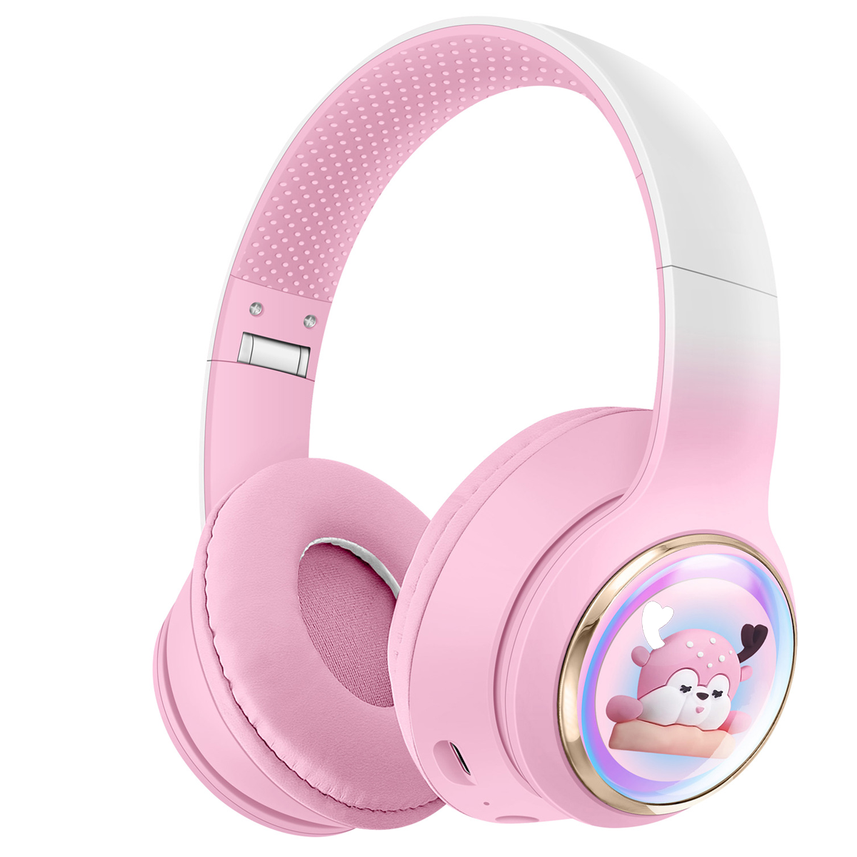 Cuffie rosa e bianche con un cervo dei cartoni animati sul padiglione, su sfondo bianco.