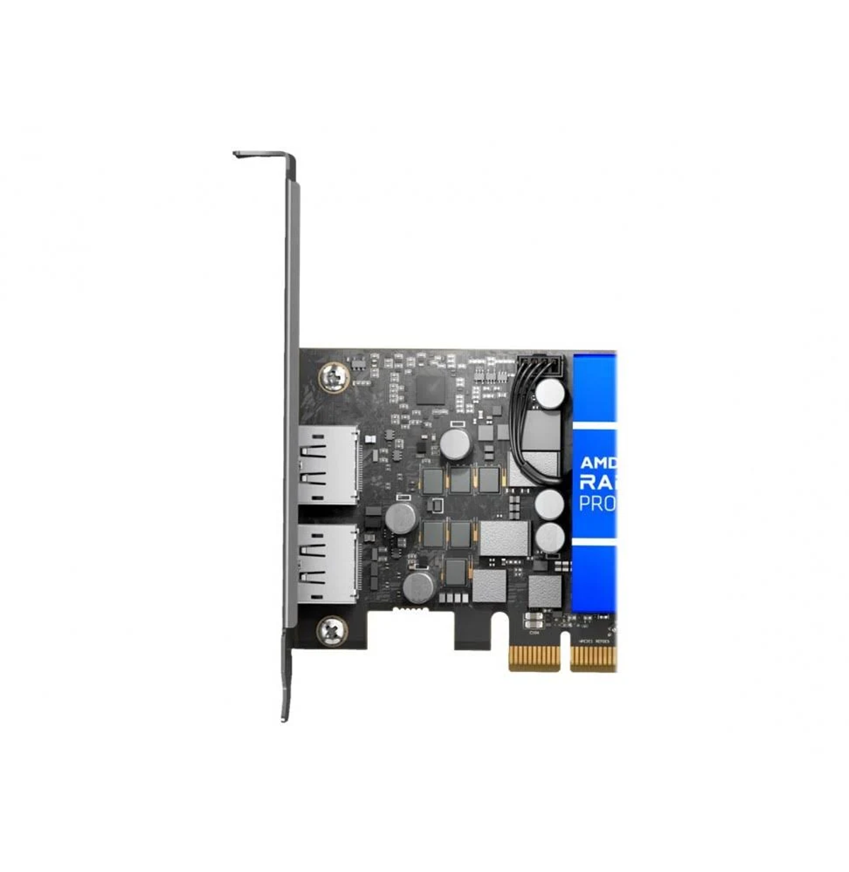 Componente per computer con due porte USB e un'etichetta AMD RA PRO blu.