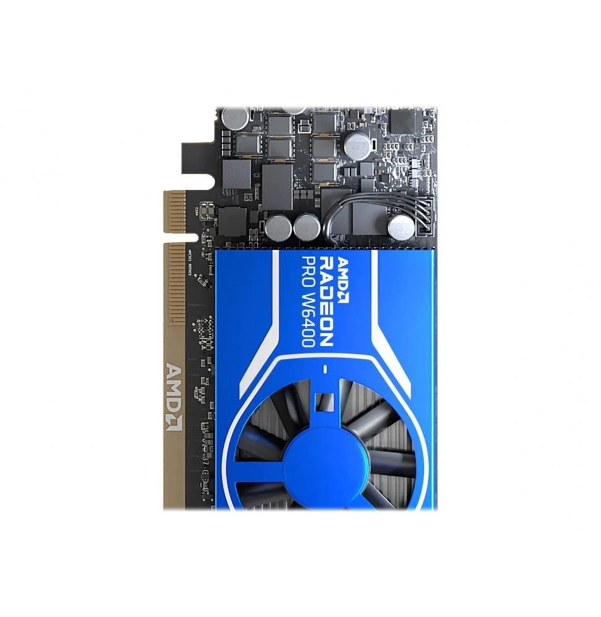 Scheda grafica AMD Radeon Pro W6400, con ventola blu e connettori in rame.