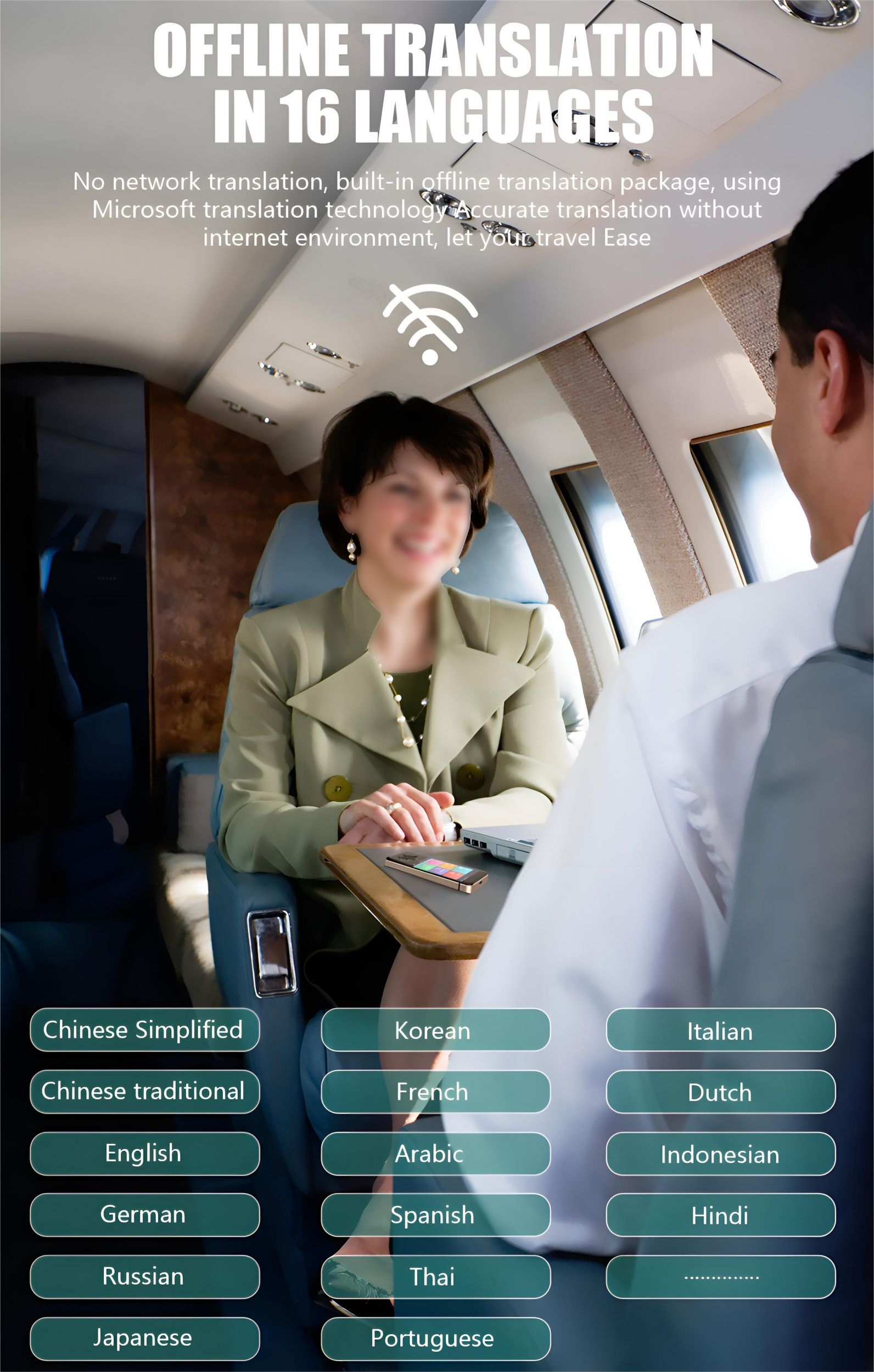 Menschen in einem Flugzeug, wobei eine Frau auf ein Telefon schaut. Text in mehreren Sprachen zur Offline-Übersetzung.