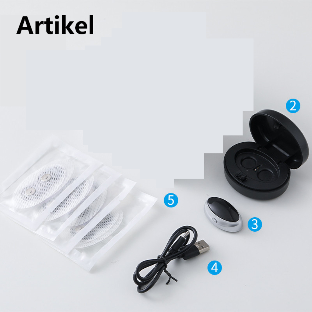 Artikel ausgelegt: Elektroden, Ladecase, Ladekabel.