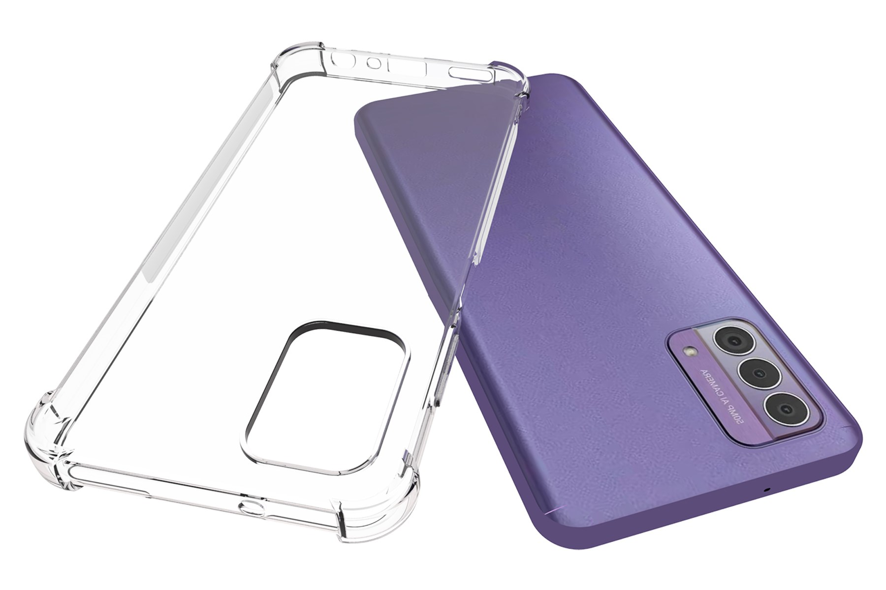 Transparente Handyhülle mit lila Telefon. Die Hülle bietet Schutz für das Telefon.