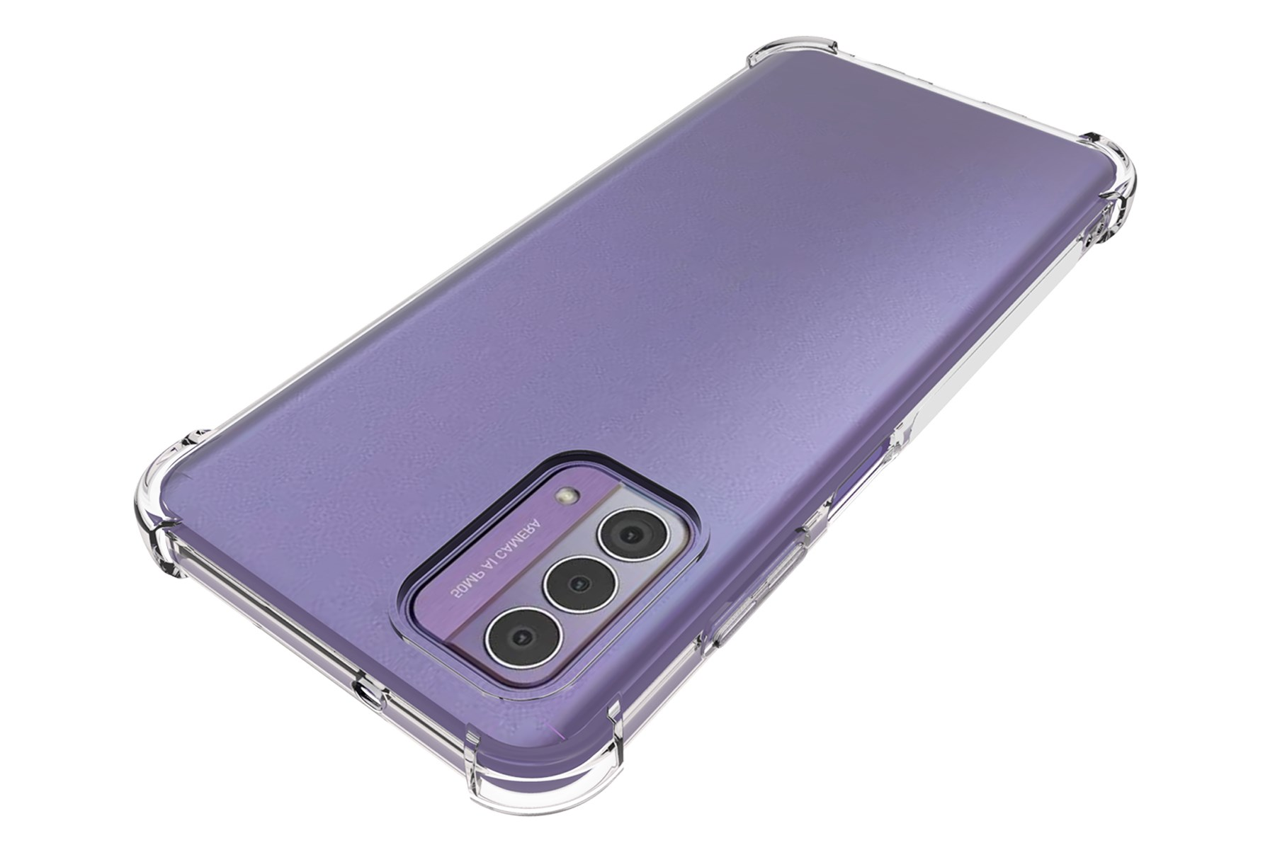 Transparente Handyhülle über einem lila Telefon. Die Hülle umschließt die Kanten.