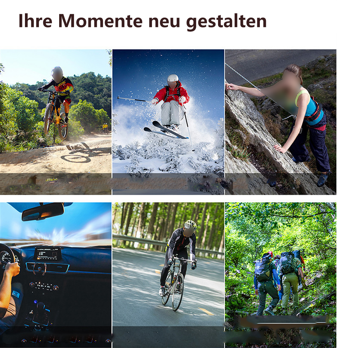 Sechs Bilder, die verschiedene Aktivitäten zeigen: Radfahren, Skifahren, Klettern, Autofahren, Radfahren und Wandern.