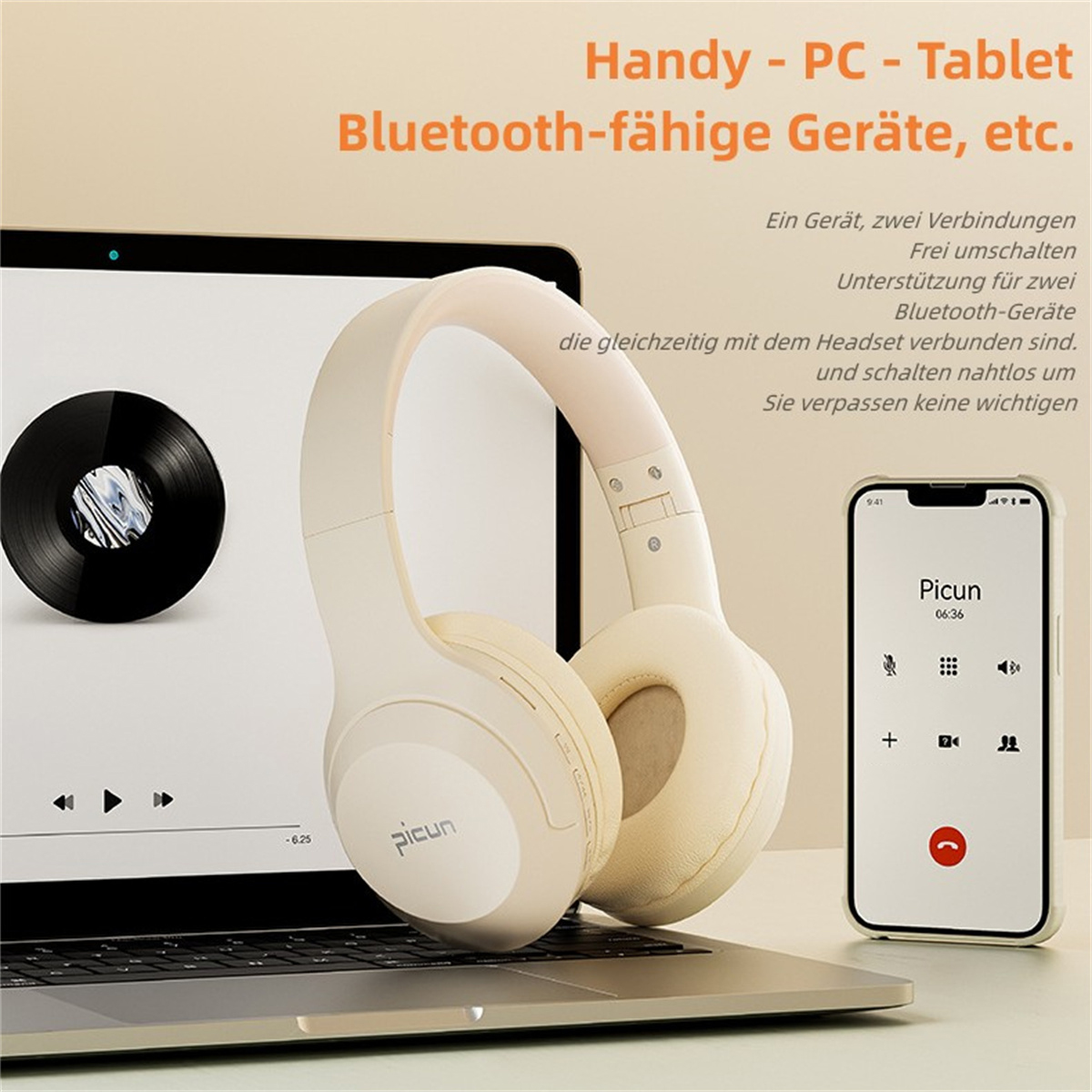 Weiße Kopfhörer auf Laptop. Telefon mit Anruf auf dem Bildschirm. Vinyl-Schallplatte links. Weißer Hintergrund.