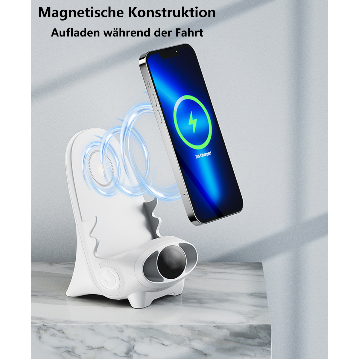 Weißer Telefon-Ladeständer mit einem Telefon, das ein Ladesymbol und blaues Licht anzeigt.