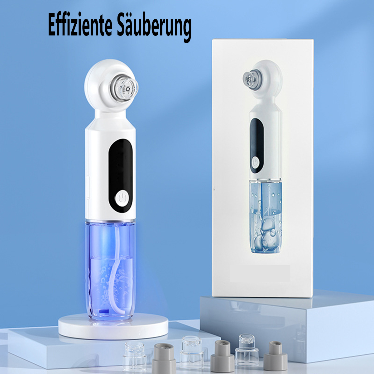 Zwei weiße und blaue Gesichts-Porenreiniger mit zusätzlichen Reinigungstipps.