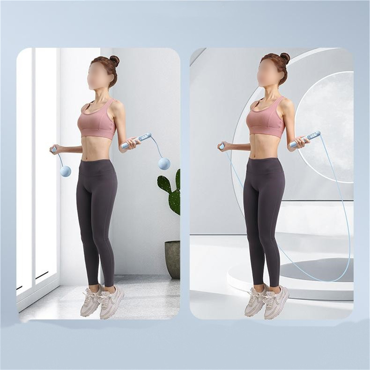 Zwei Bilder: eine Frau, die Seil springt, mit pinkfarbenem Oberteil und grauen Leggings. Blauer Hintergrund.