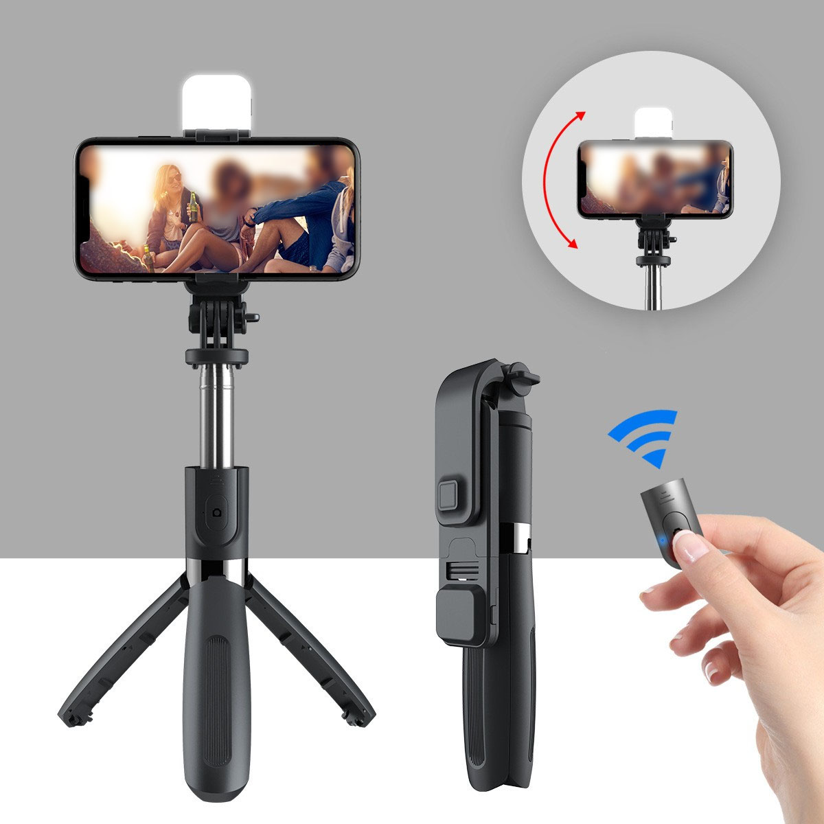 Ein Telefon mit Selfie-Stick und Fernbedienung. Das Telefon zeigt eine Szene von Menschen.