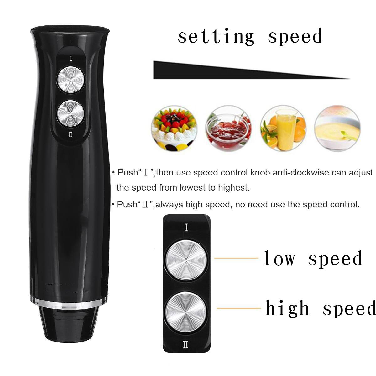Schwarzer Handmixer mit zwei Knöpfen I und II, mit Geschwindigkeitsreglern und Essensbildern.