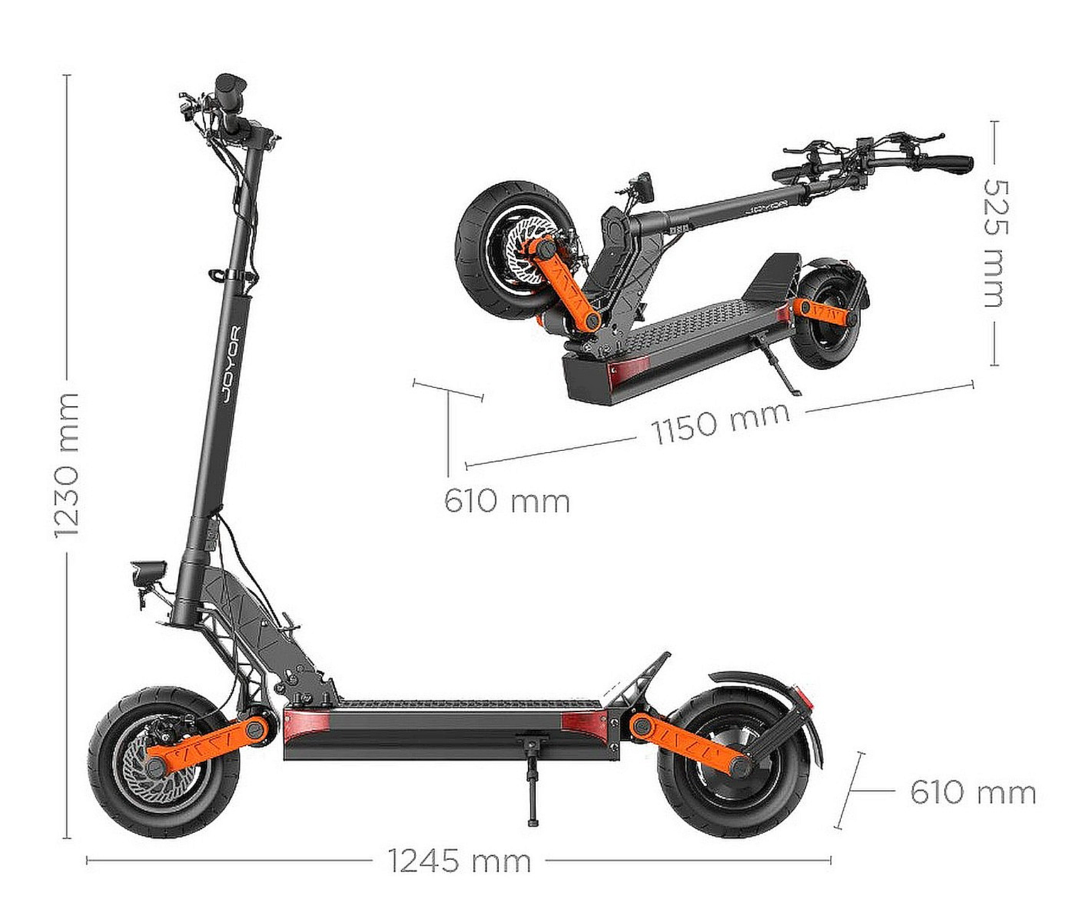 Schwarz-oranger Elektroroller, Detailansicht mit Maßangaben.