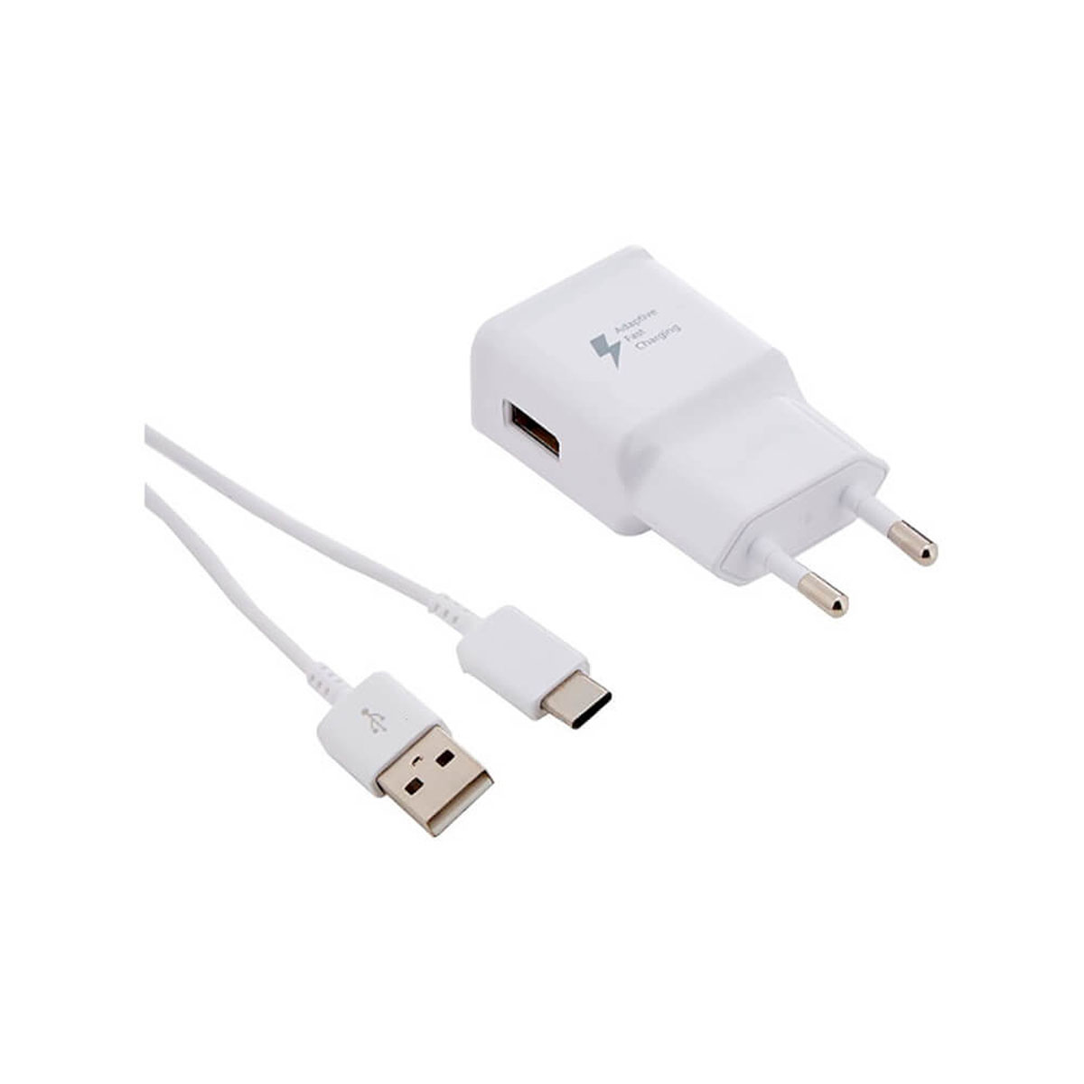 Un cargador de teléfono blanco con un cable USB-C y un cable adaptador USB-A a USB-C.