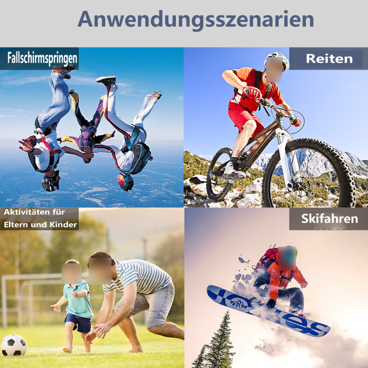 Vier Bilder, die verschiedene Aktivitäten zeigen: Fallschirmspringen, Radfahren, Eltern und Kinder und Skifahren.