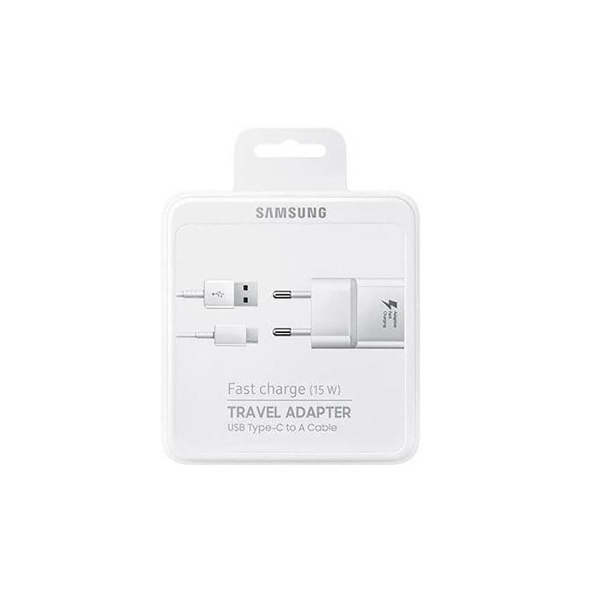Un adaptador de viaje Samsung blanco con un cable USB-C y un puerto de carga. El embalaje es blanco.