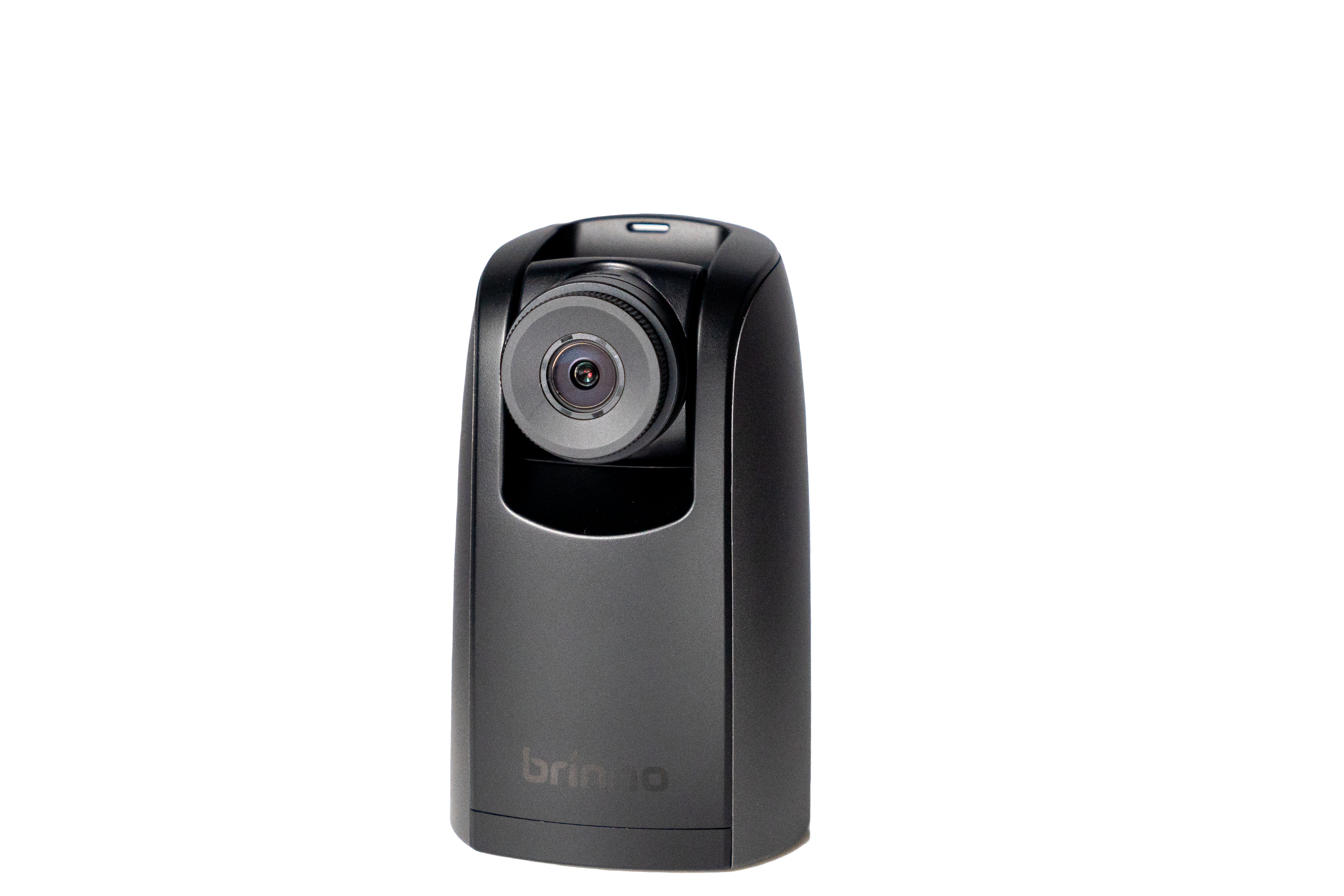 Una fotocamera nera con obiettivo e base nera, su sfondo bianco.