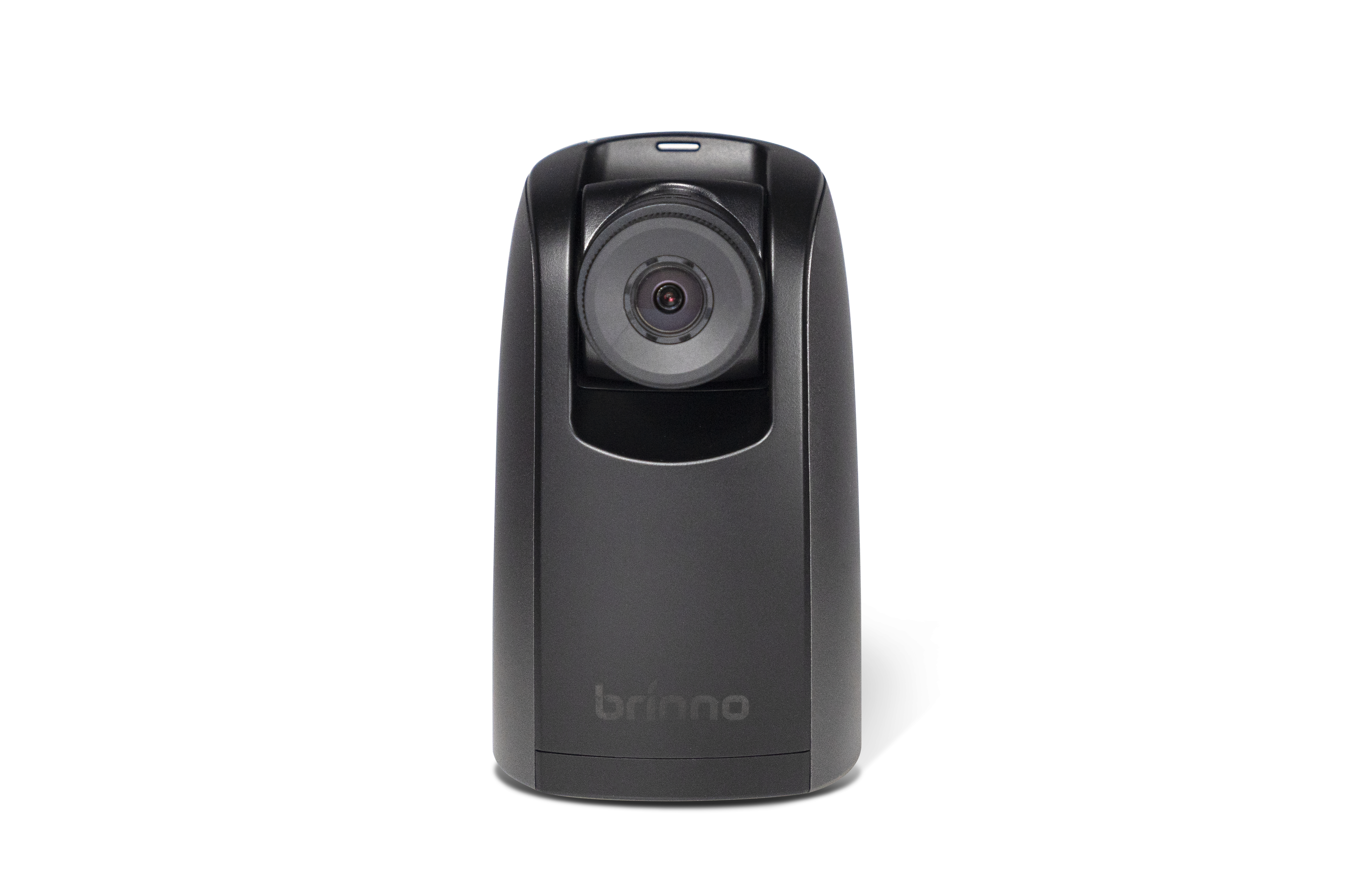 Fotocamera grigio scuro su sfondo bianco, con obiettivo centrato.