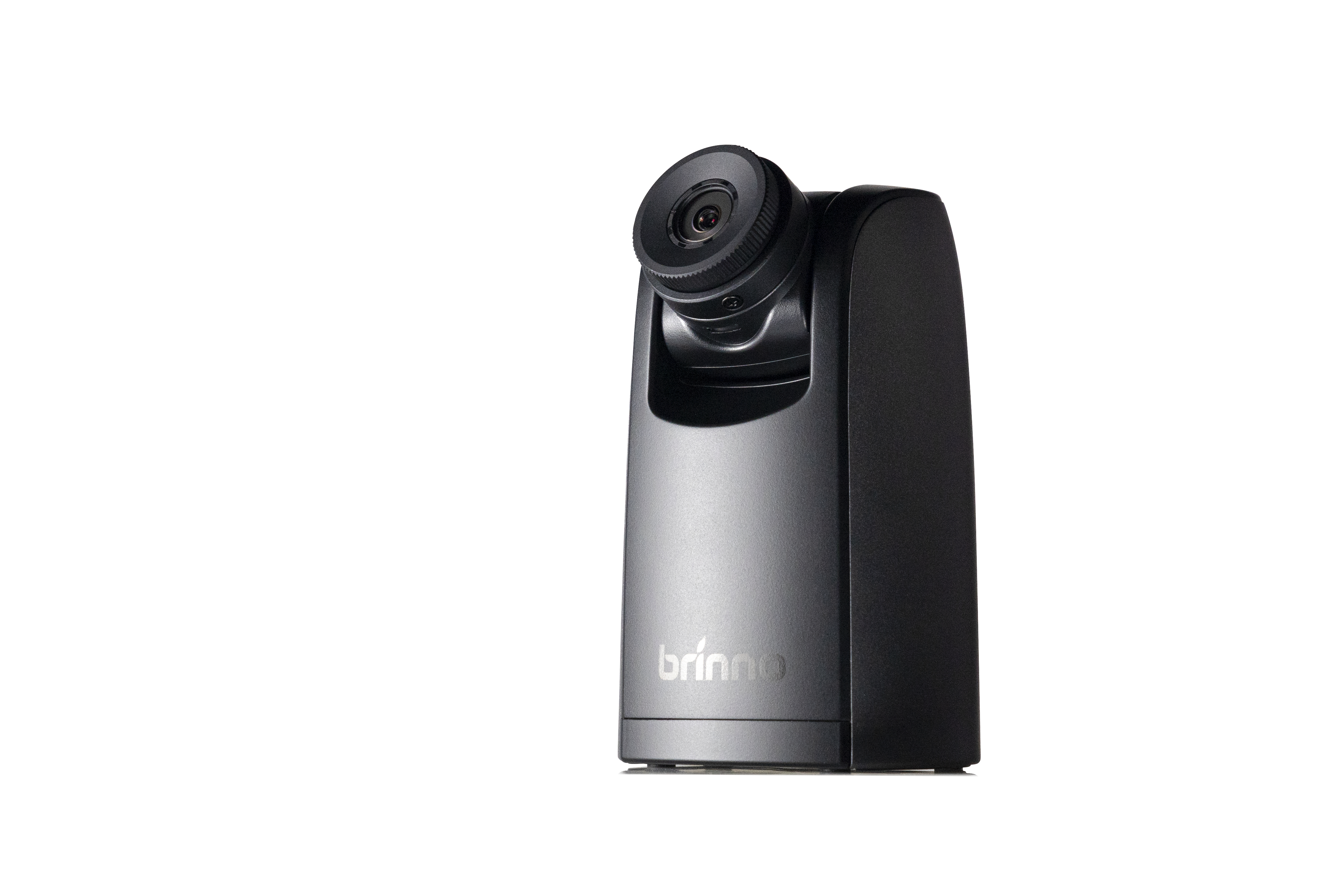 Fotocamera Brinno nera su sfondo bianco. La fotocamera ha un obiettivo e un'etichetta del marchio.