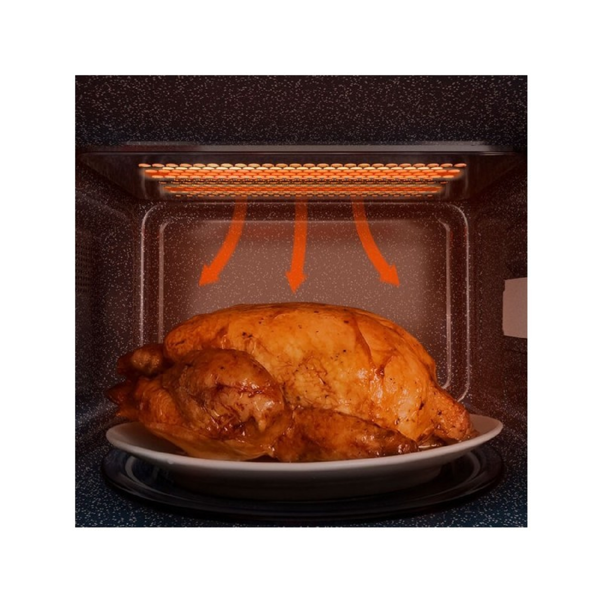 Pieczony kurczak w kuchence mikrofalowej, na białym talerzu. Pomarańczowe strzałki wskazują proces gotowania.