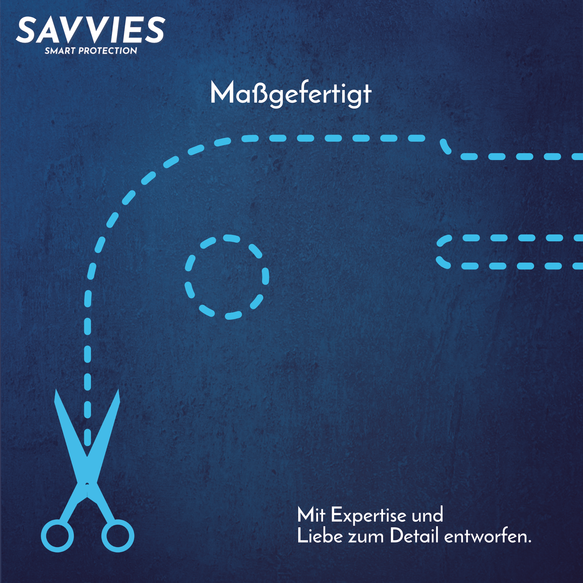 Schere schneidet eine gestrichelte Linie, mit Text, der eine individuelle Passform angibt.