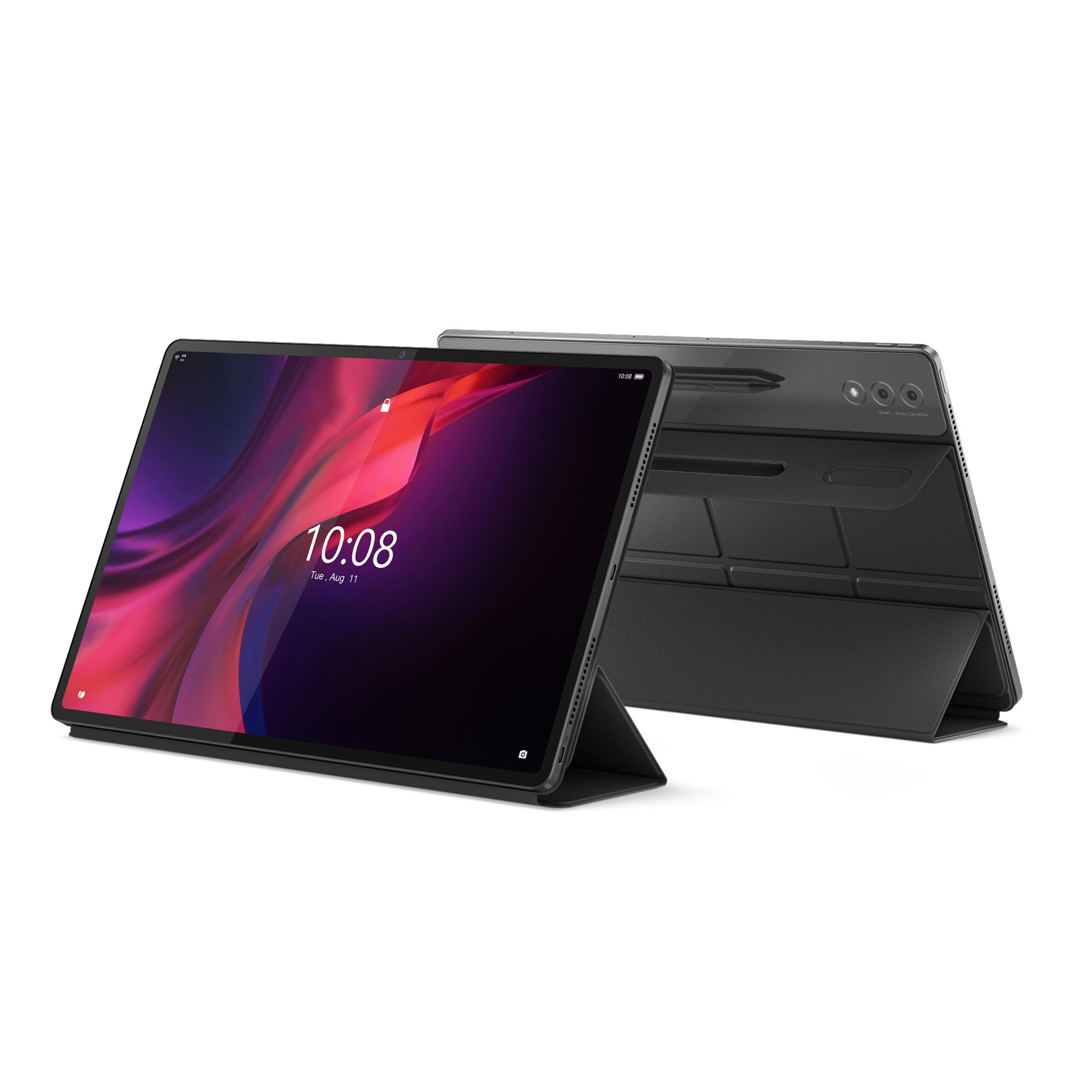 Tablet in schwarzem Gehäuse, zeigt Bildschirm mit dunkelrotem Bild. Ein weiteres Tablet rechts.