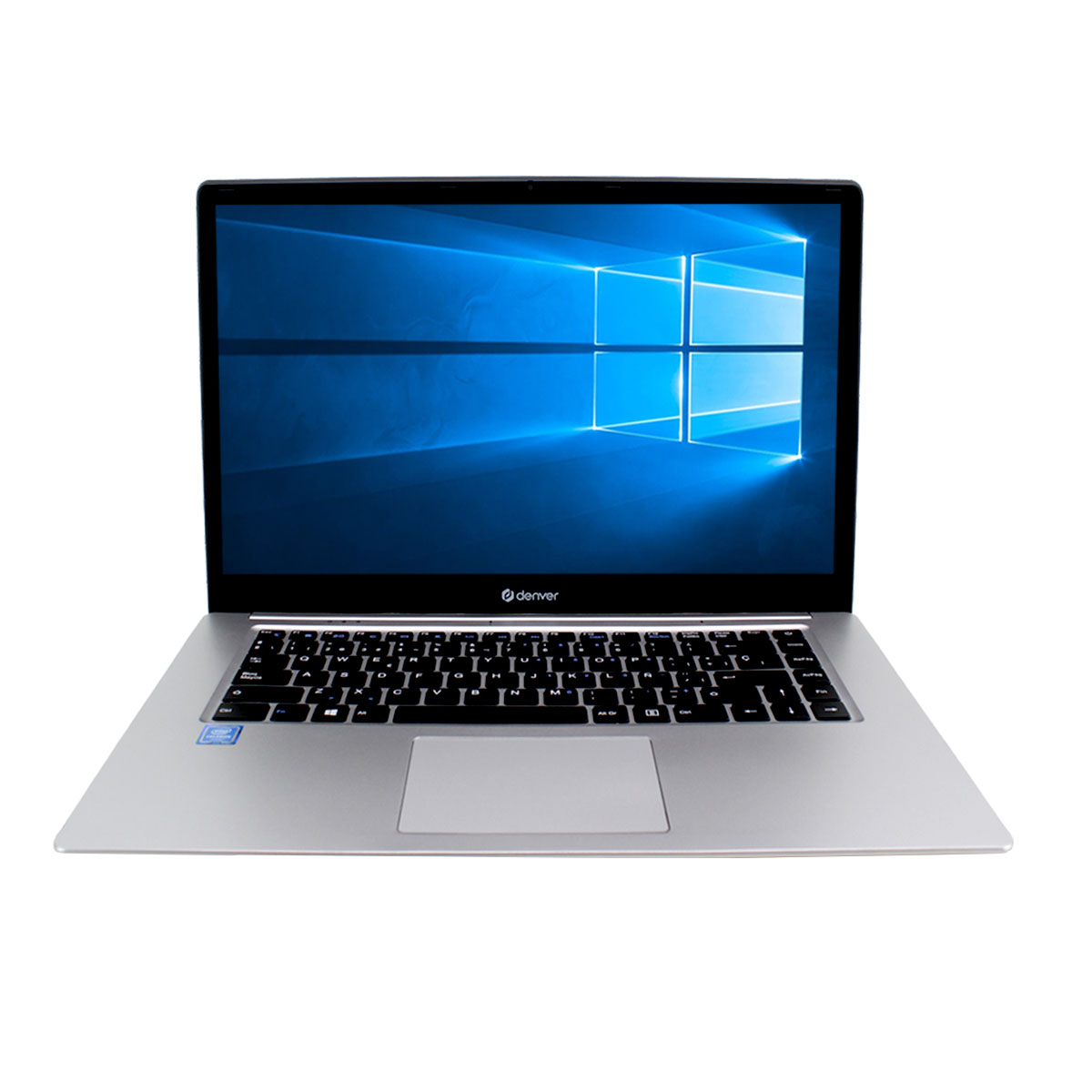 Laptop plateado. La marca Denver está en la parte inferior. La pantalla muestra un degradado azul.