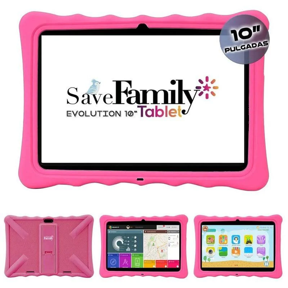 Tablet rosa in una custodia rosa. Lo schermo mostra il logo SaveFamily e icone colorate.