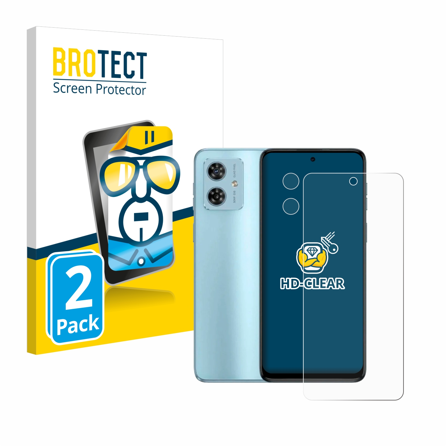 Eine Displayschutzfolienpackung mit einem Telefon, einem klaren Displayschutz und einer Box mit Text und einer Cartoon-Illustration.