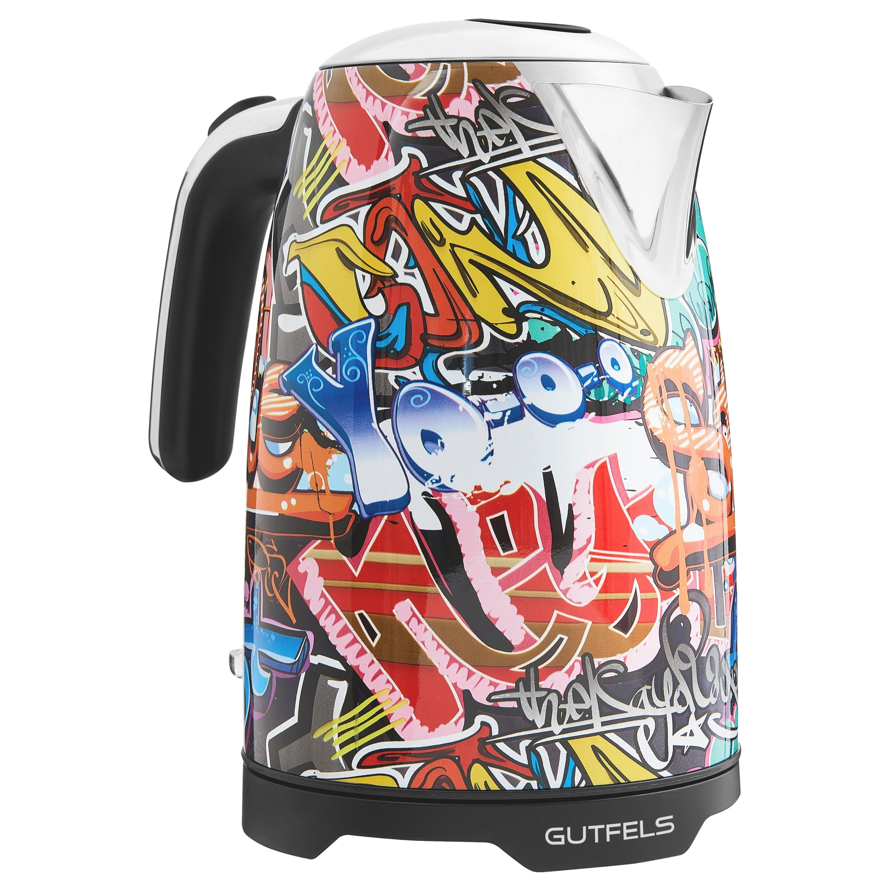 Elektrischer Wasserkocher mit buntem Graffiti-Kunst-Design auf schwarzem Sockel.