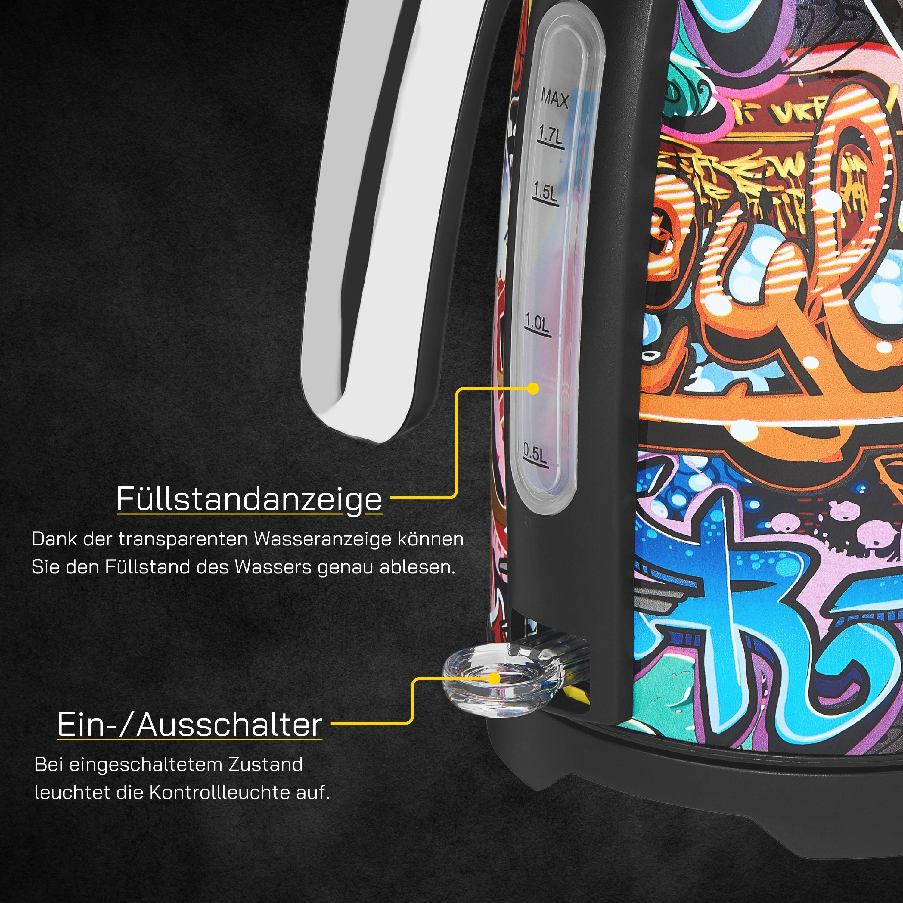 Nahaufnahme eines Wasserkochers mit Wasserstandsanzeige. Der Wasserkocher hat farbenfrohe Graffiti-Kunst.