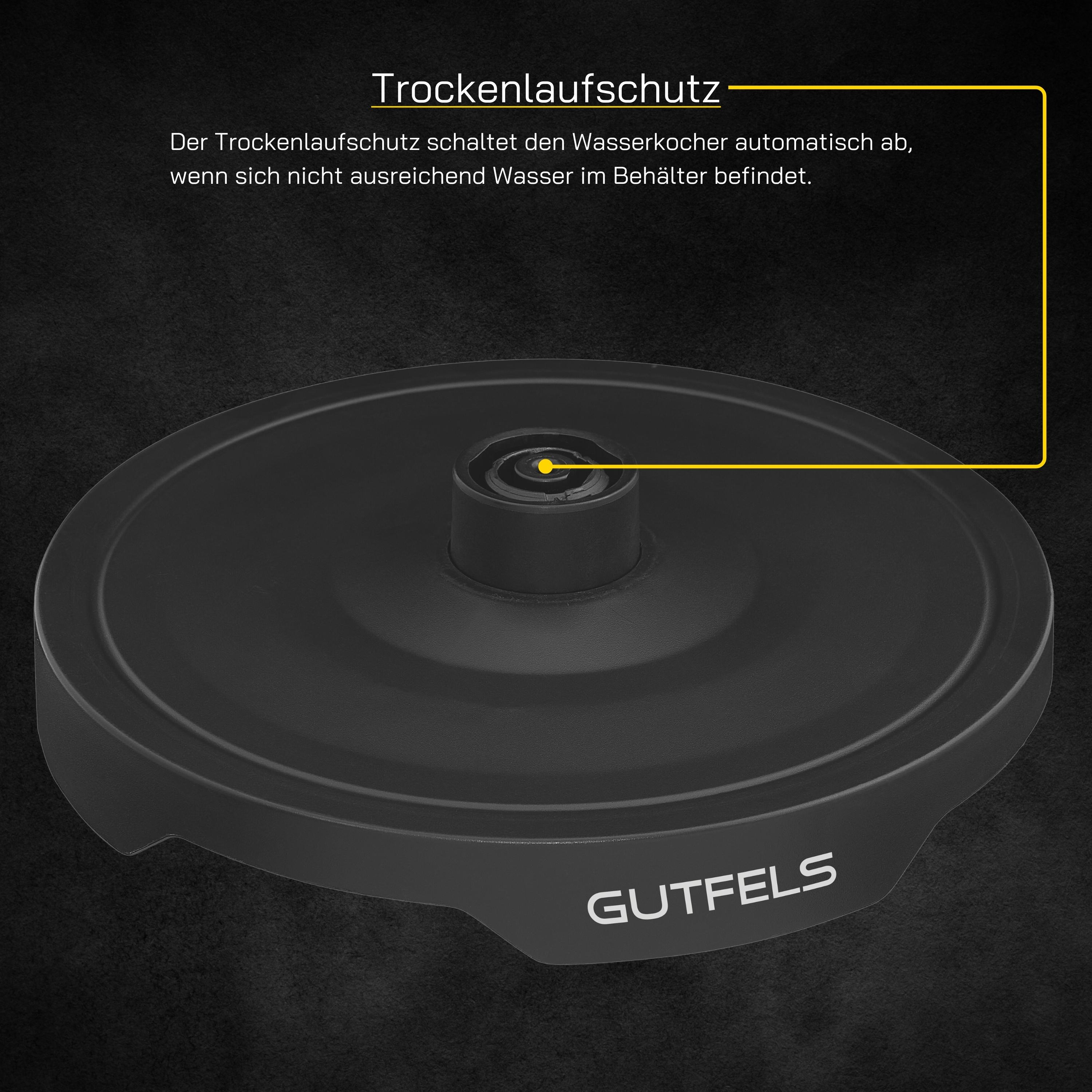 Schwarzer Sockel für einen Wasserkocher mit Etikett. Gelber Text oben.
