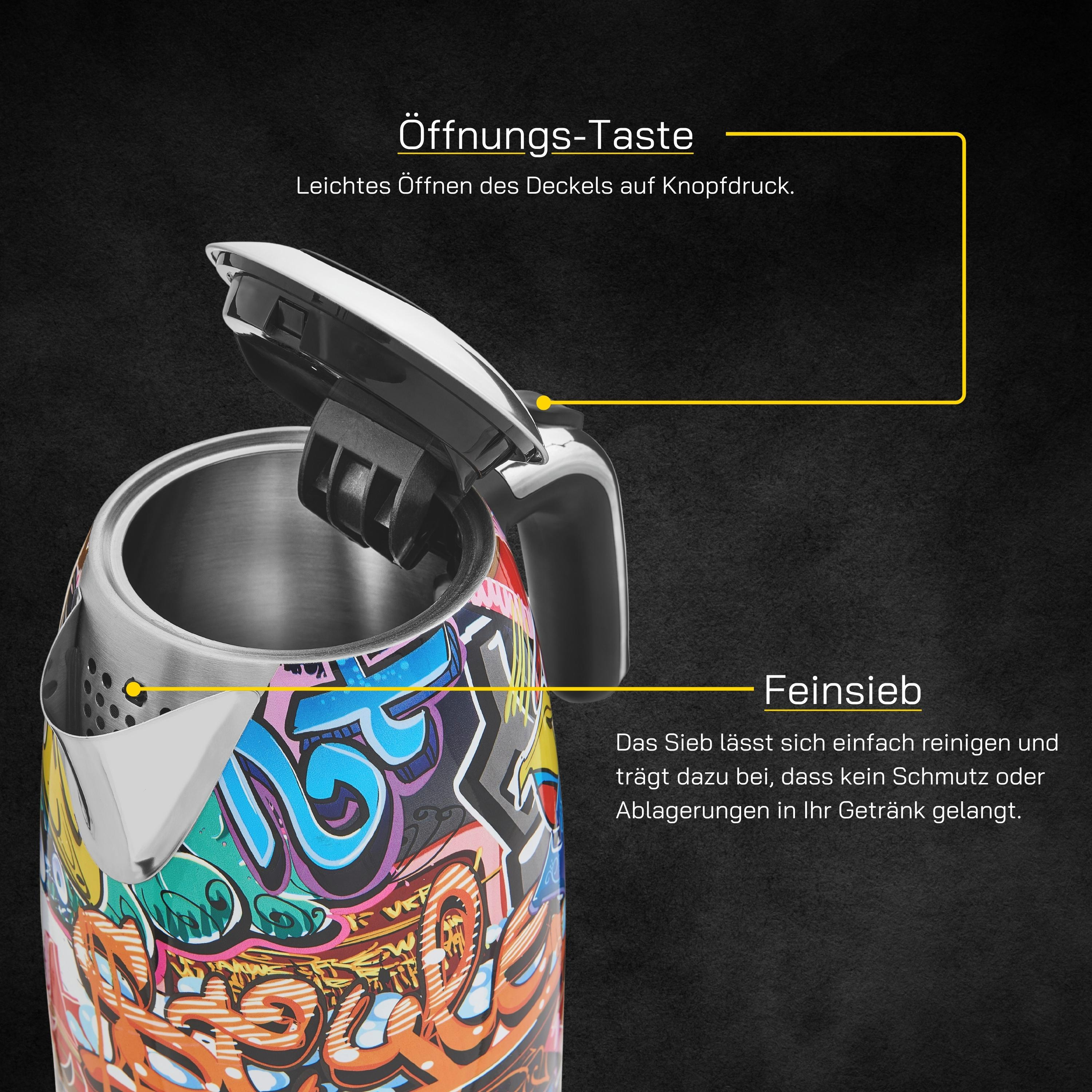 Bunter Wasserkocher, offener Deckel, Graffiti-Design. Textbeschriftungen auf Deutsch.