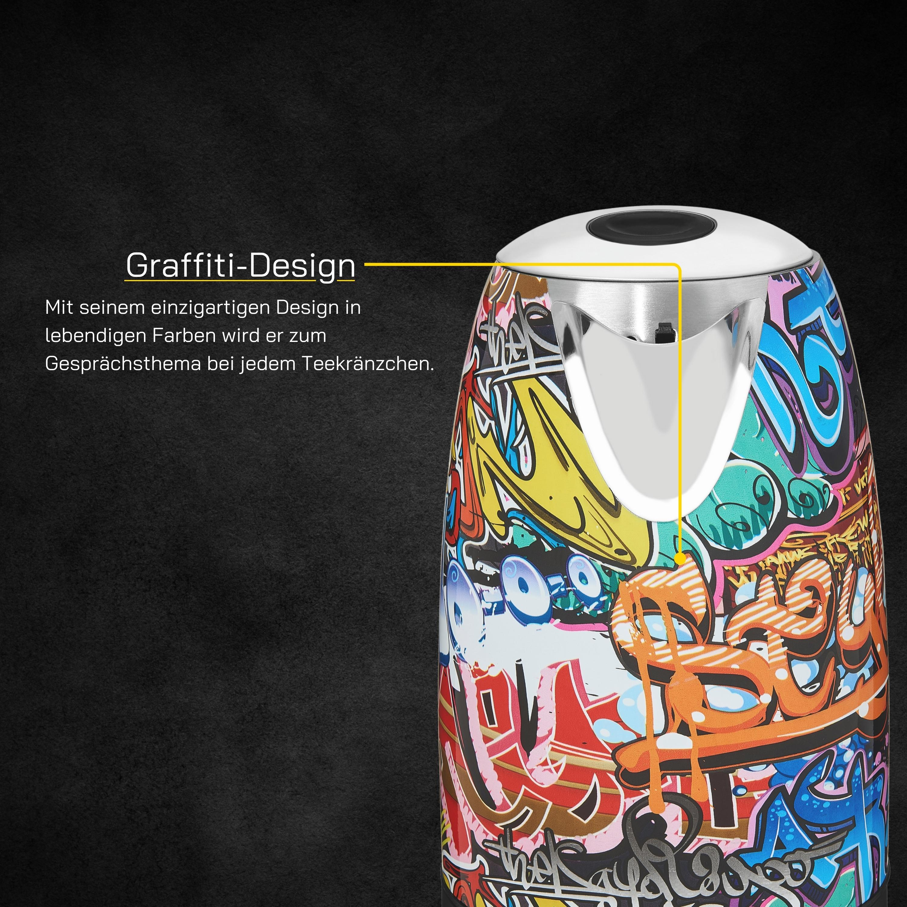 Nahaufnahme eines Wasserkochers mit Graffiti-Kunst und Text, der das Produkt beschreibt.