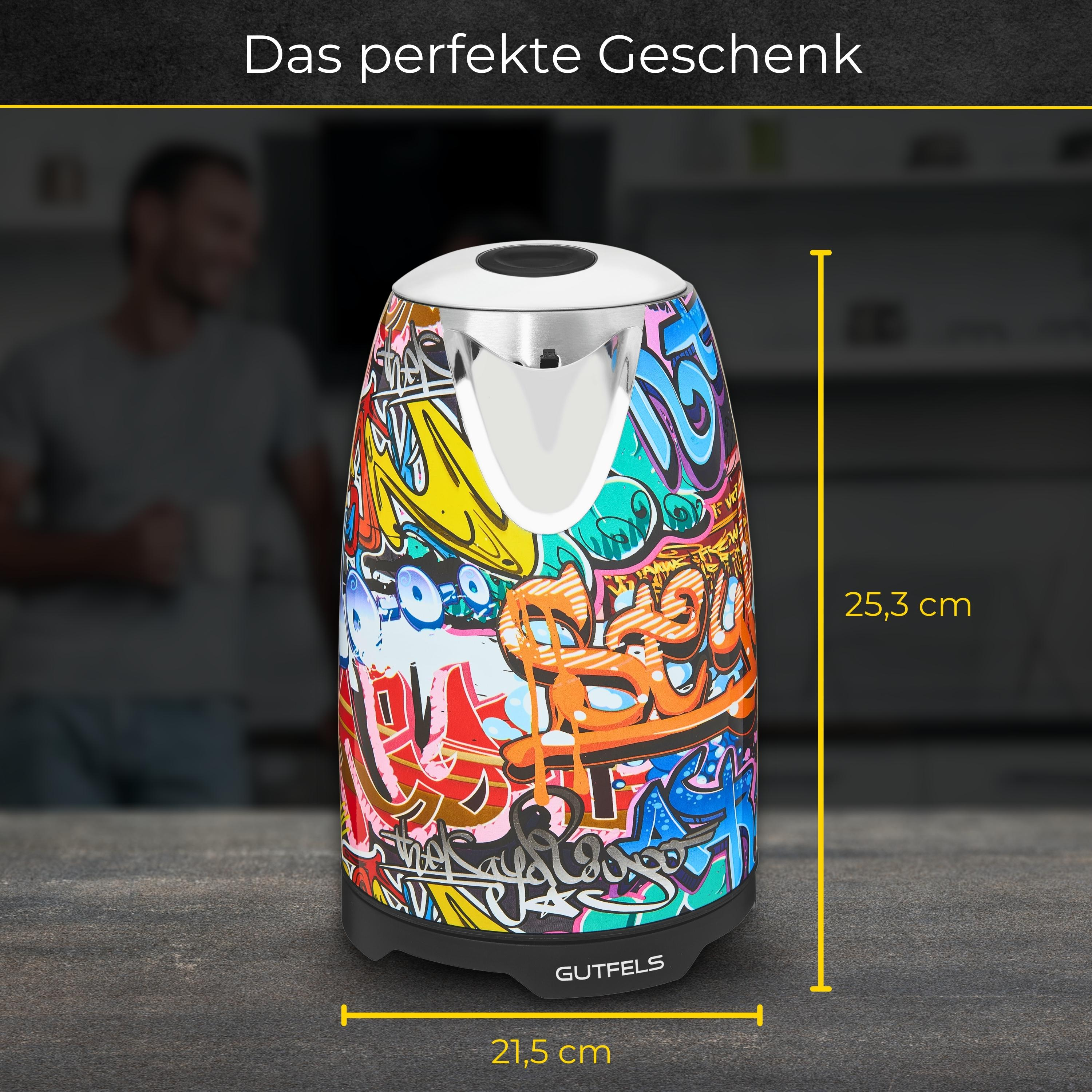 Ein bunter, Graffiti-artiger Wasserkocher mit Maßangaben. Der Text lautet 'Das perfekte Geschenk'.