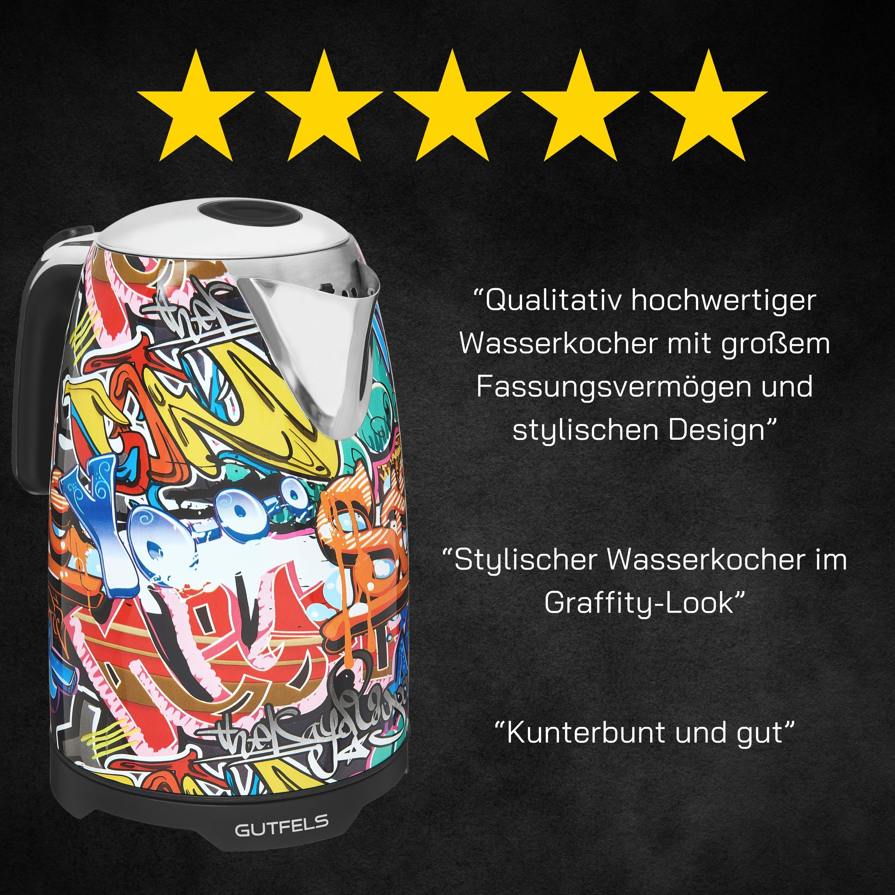 Ein bunter Wasserkocher mit Graffiti-Design. Der Hintergrund ist schwarz mit Text und goldenen Sternen.