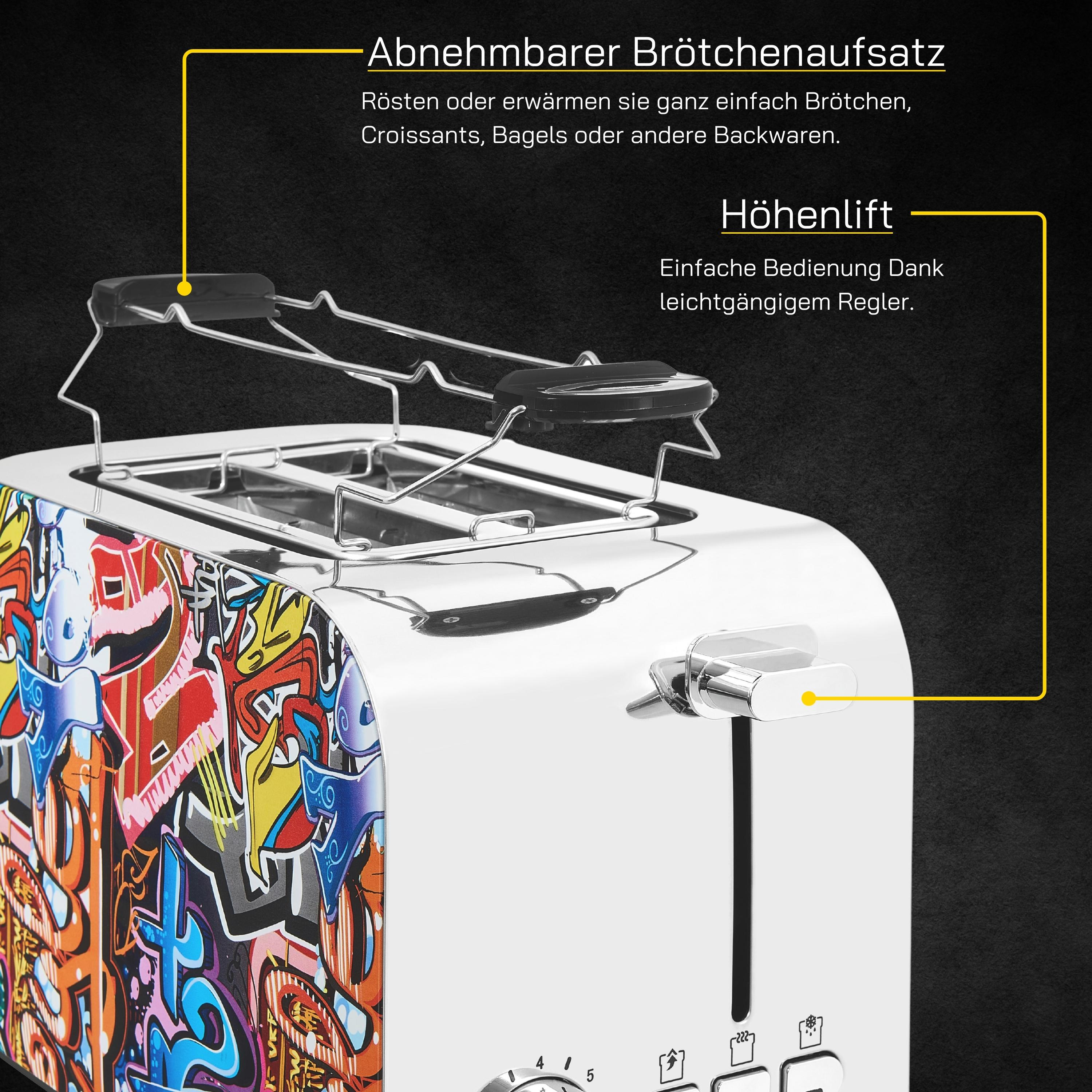 Weißer Toaster mit Graffiti-Kunst, mit abnehmbarem Brotkorb und Drehknopf.