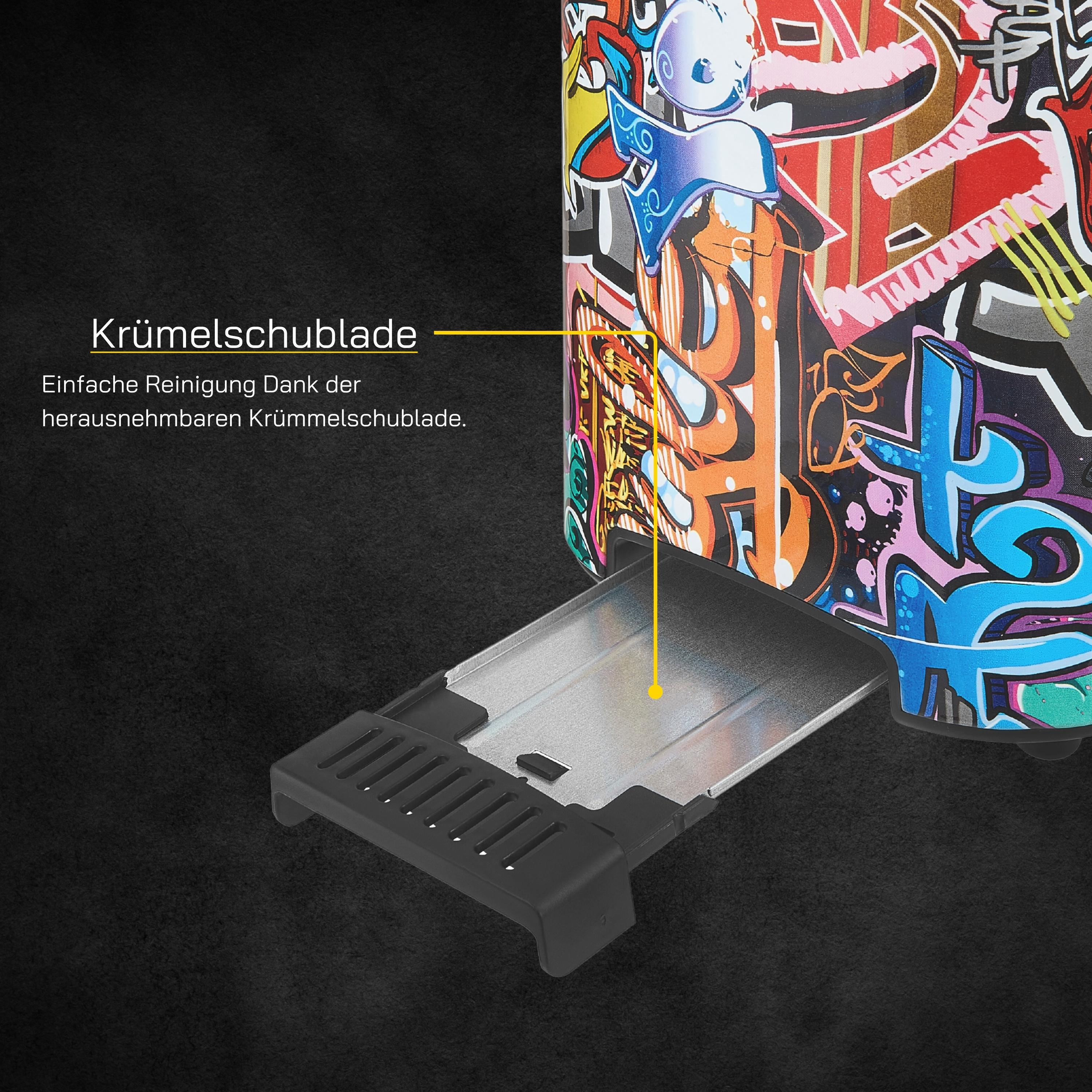 Nahaufnahme eines Mülleimers mit Graffiti-Kunst und herausnehmbarer Krümelschublade. Schwarzer Hintergrund.