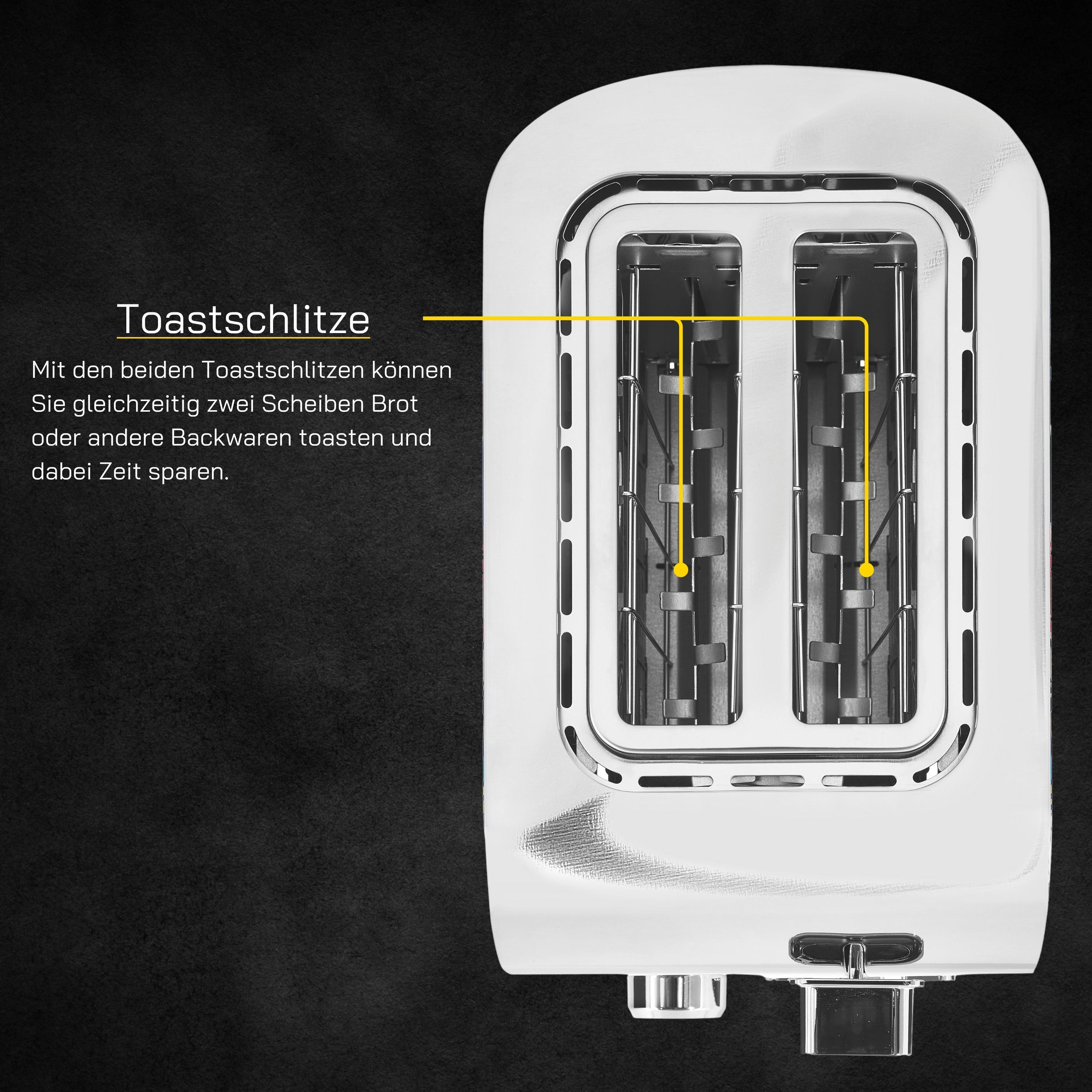 Toaster mit zwei Schlitzen, Text 'Toastschlitze', zum Toasten von Brot oder Backwaren.