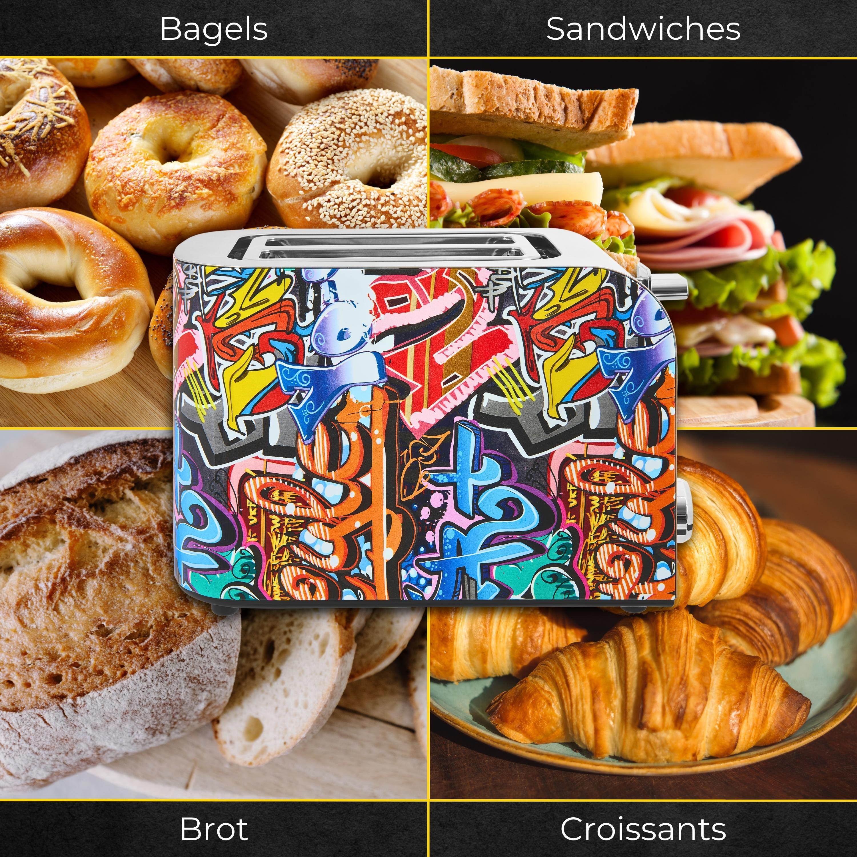 Ein Toaster mit Graffiti-Kunst. Bagels, Sandwiches, Brot und Croissants umgeben den Toaster.