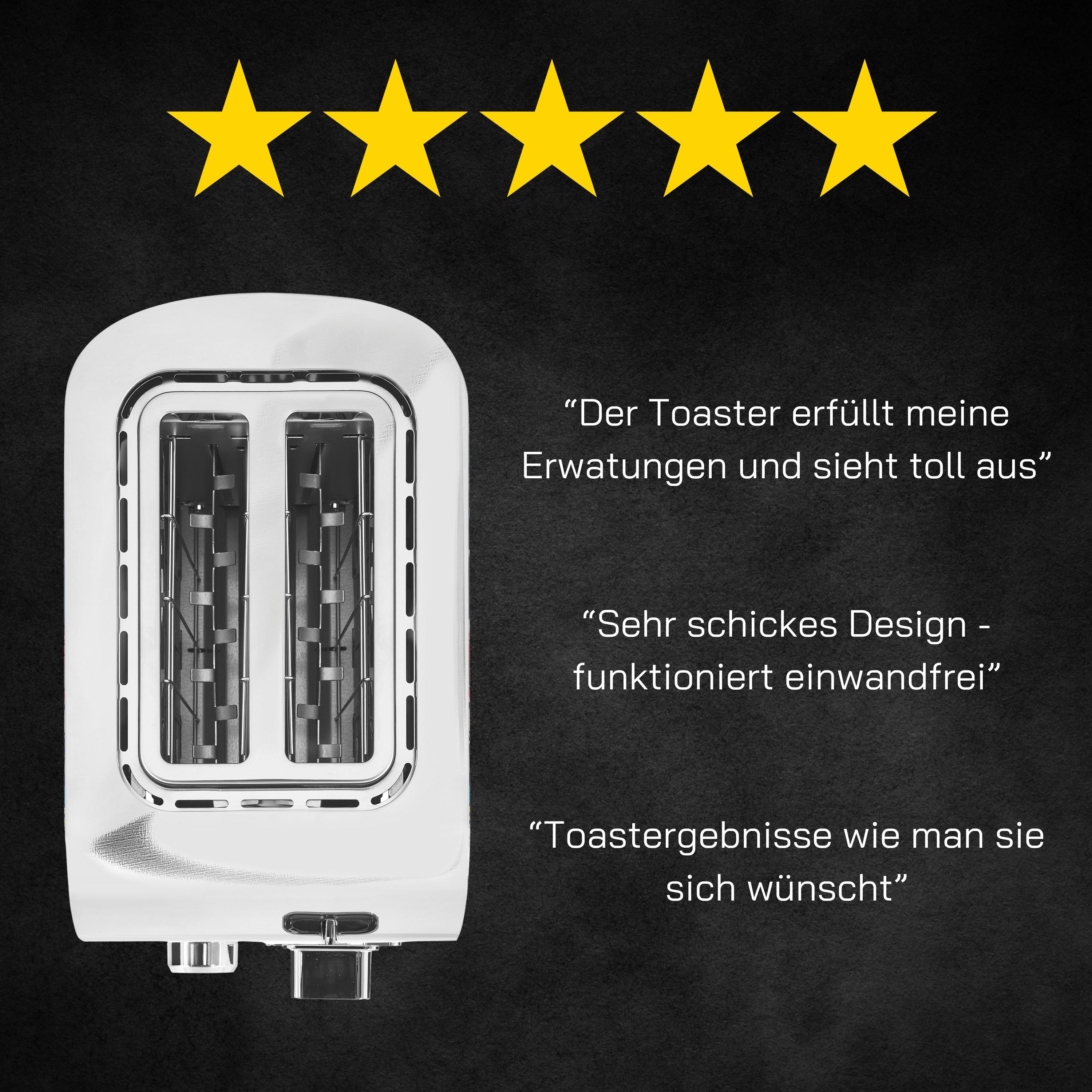 Weißer Toaster mit zwei Schlitzen. Text auf Deutsch mit fünf goldenen Sternen darüber. Weißer Hintergrund.