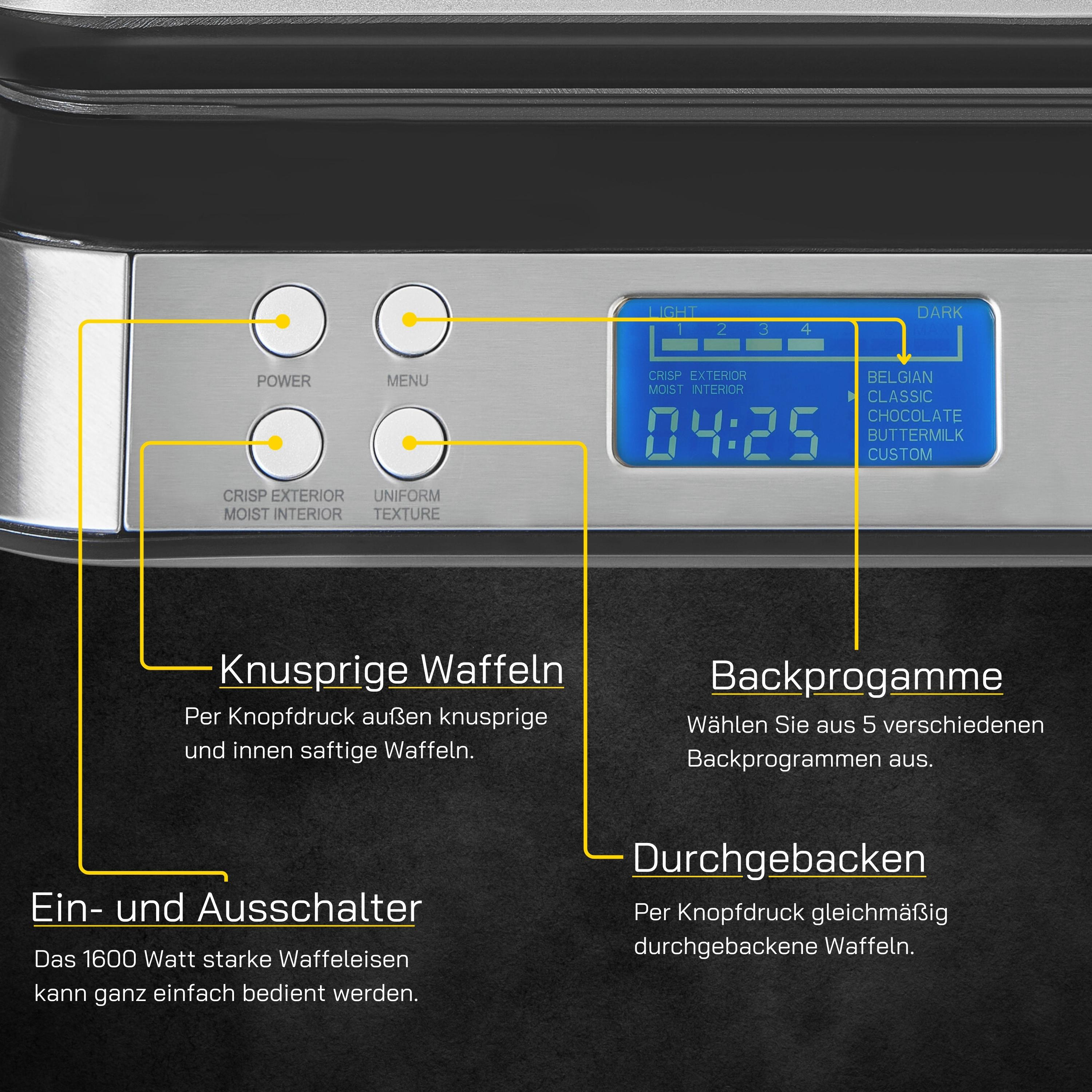 Waffeleisen-Bedienfeld mit Knöpfen und Digitalanzeige mit Einstellungen.