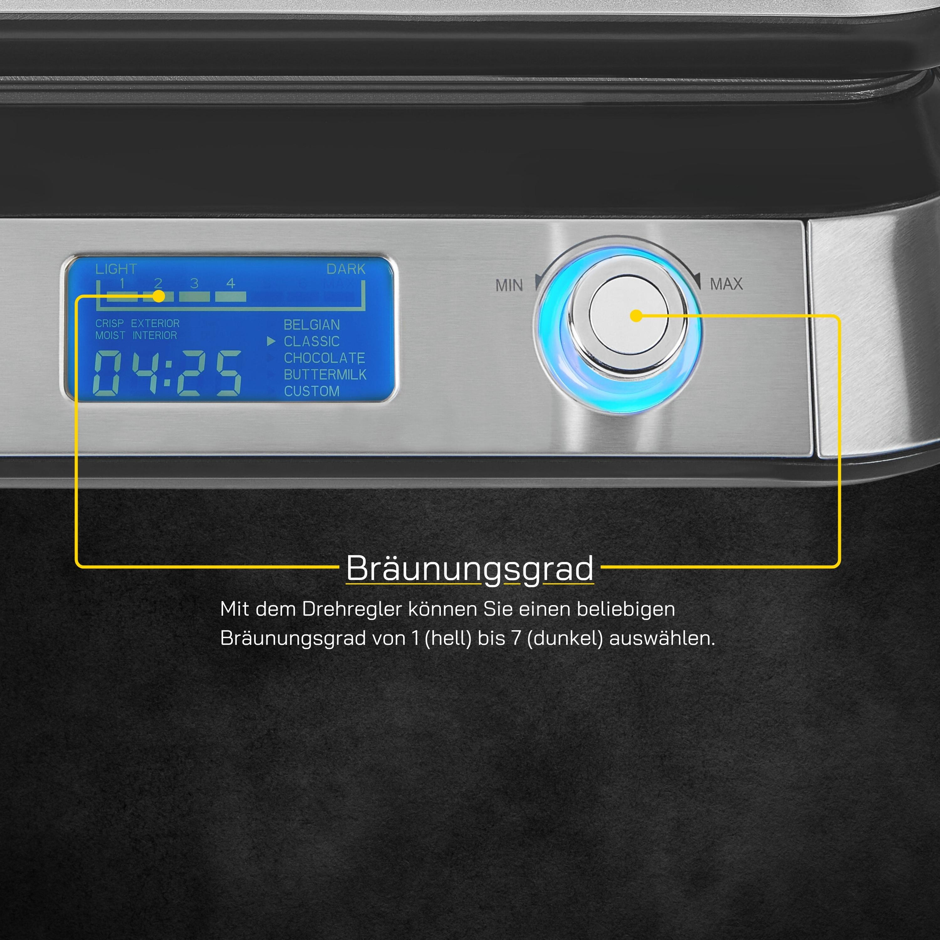 Nahaufnahme eines Toaster-Bedienfelds mit Digitalanzeige und Drehknopf.